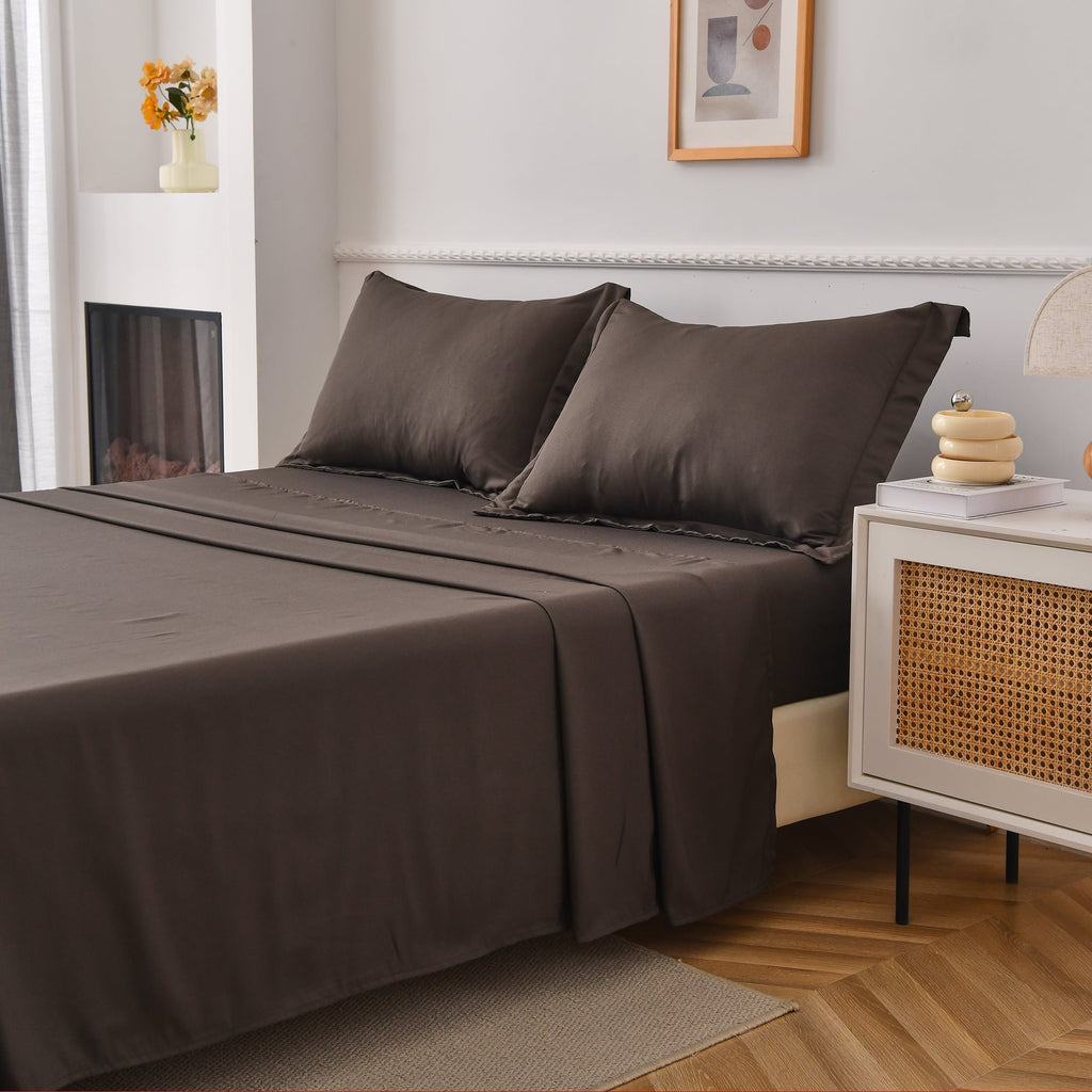 Premium Egyptian Cotton Bed Sheets Set 4 Piece Queen/Full Sheet Set Brown Gray Cotton Blend Fitted Sheet, Flat Sheet & 2 Pillowcases Bedding Set - Breathable Egyptian Cotton Flat & Fitted Sheets Detail