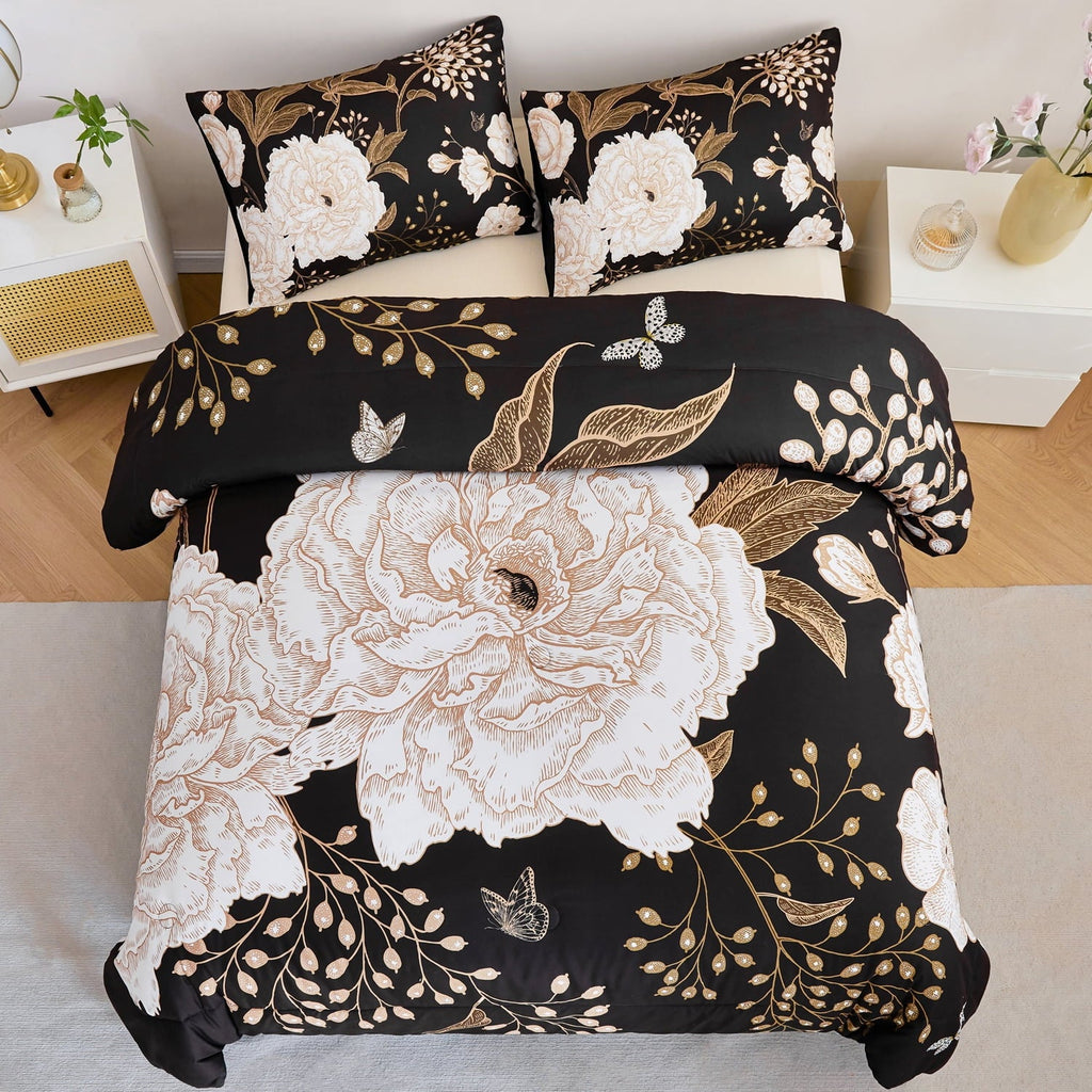Heavyweight Warmth Black Floral Comforter Set Queen, Printed Comforter White Flowers Butterfly Bedding Set, 3 Pieces Botanical Reversibl... - Luxurious Quilted Duvet Cover Set Detail