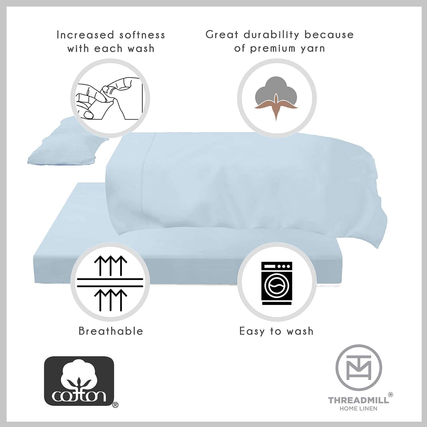 Premium Egyptian Cotton 100% Cotton King Bed Sheets Set - 4-Piece, 300 Thread Count, Lightweight Sateen, Light Blue - Luxury Bed Sheet Set with Deep Pockets Detail