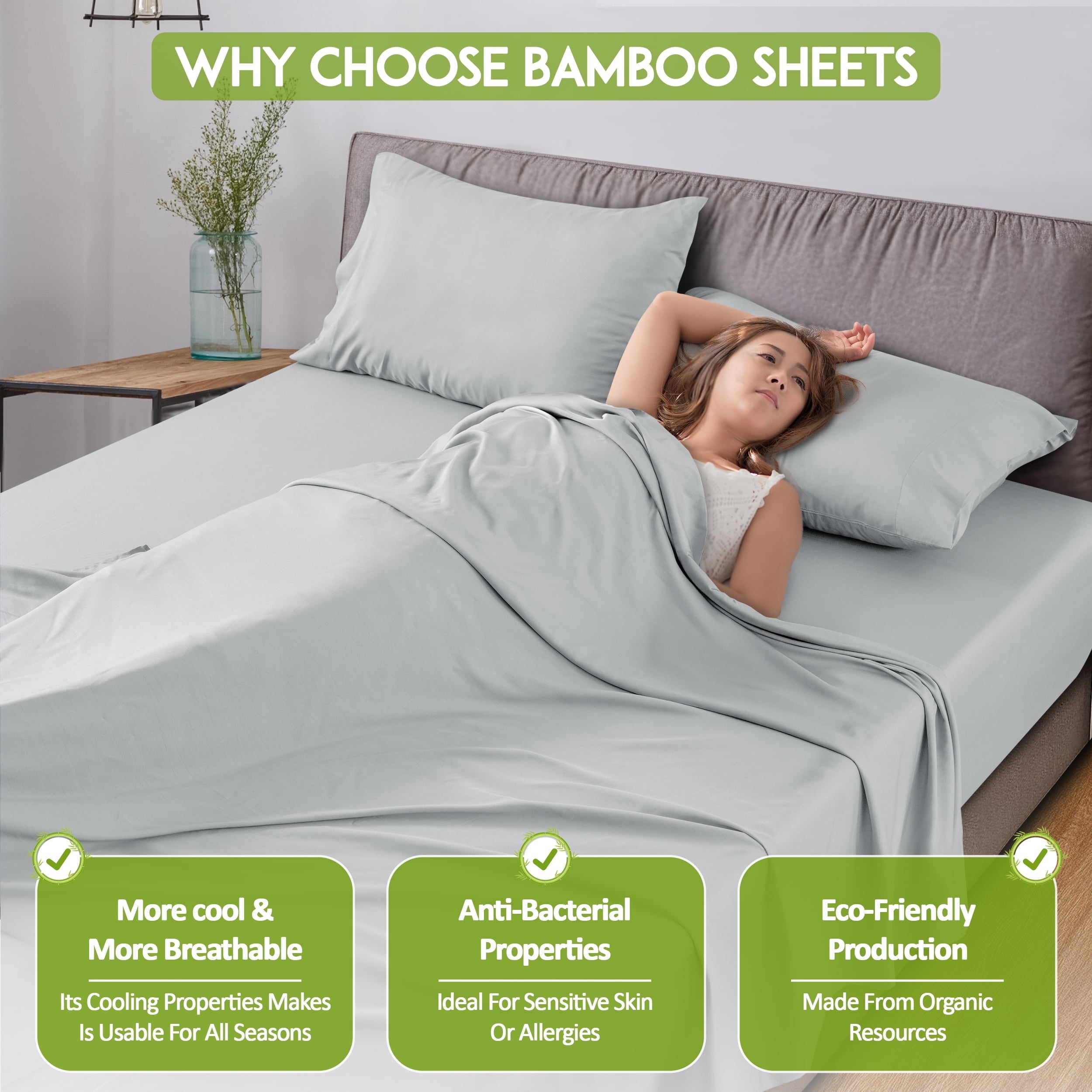 Breathable Luxury Rayon - 4 Piece Cooling Bed Sheets Set, Gray - Cooling Hotel Quality Bedding Sheets and Pillowcases Detail