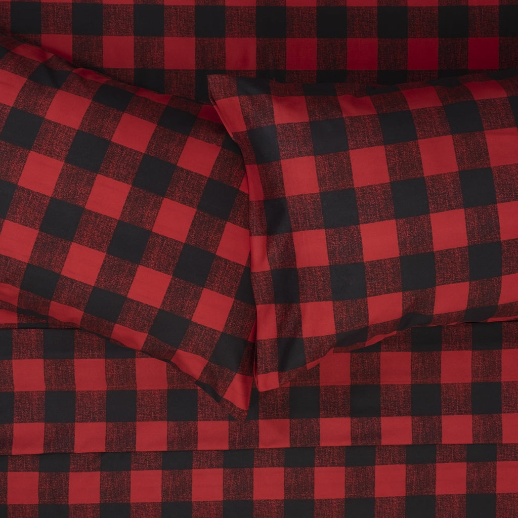 Cooling Sateen Buffalo Plaid Black and Red 4 Piece Bed Sheet Set - Twin - Breathable Egyptian Cotton Flat & Fitted Sheets Detail