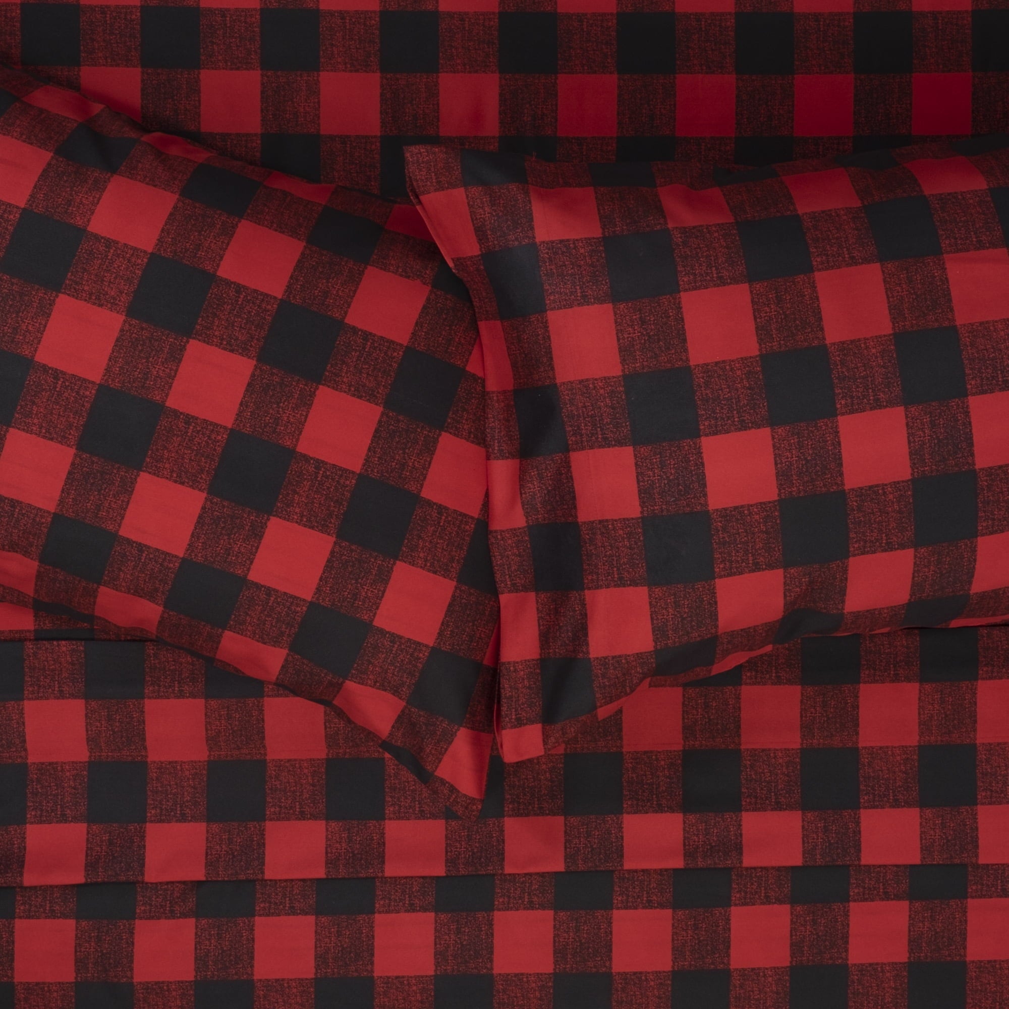 Cooling Sateen Buffalo Plaid Black and Red 4 Piece Bed Sheet Set - Twin - Breathable Egyptian Cotton Flat & Fitted Sheets Detail