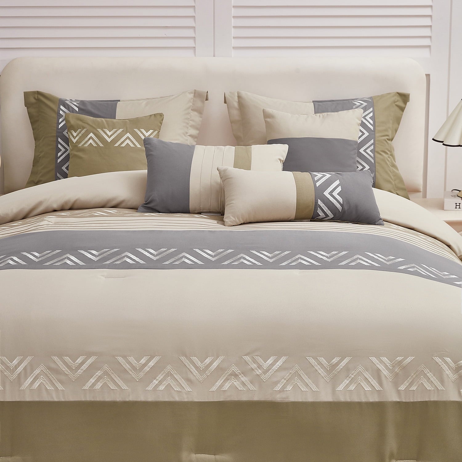 Fluffy Down Alternative 7 Piece Embroidery Design Bed-in-a-Bag, Taupe Queen Size Ultra Soft Comforter Set for Adults - All-Season Down Alternative Comforter Insert Detail
