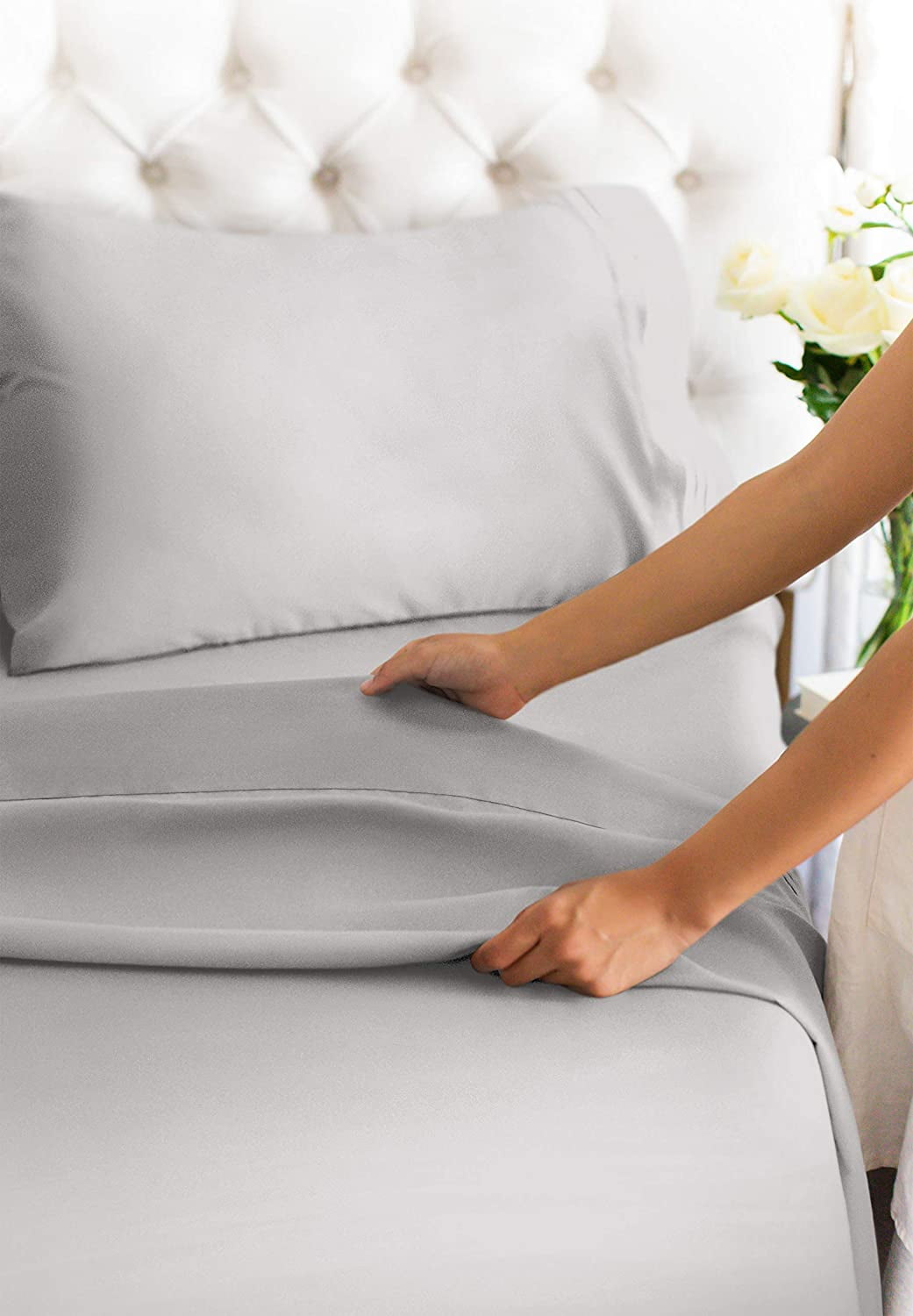 Breathable Luxury 4-Piece 400 Thread Count Cotton Sheet Set - King Size 100% Cotton Sateen Bed Sheets Fits 18"-24" Mattresse... - Breathable Egyptian Cotton Flat & Fitted Sheets Detail