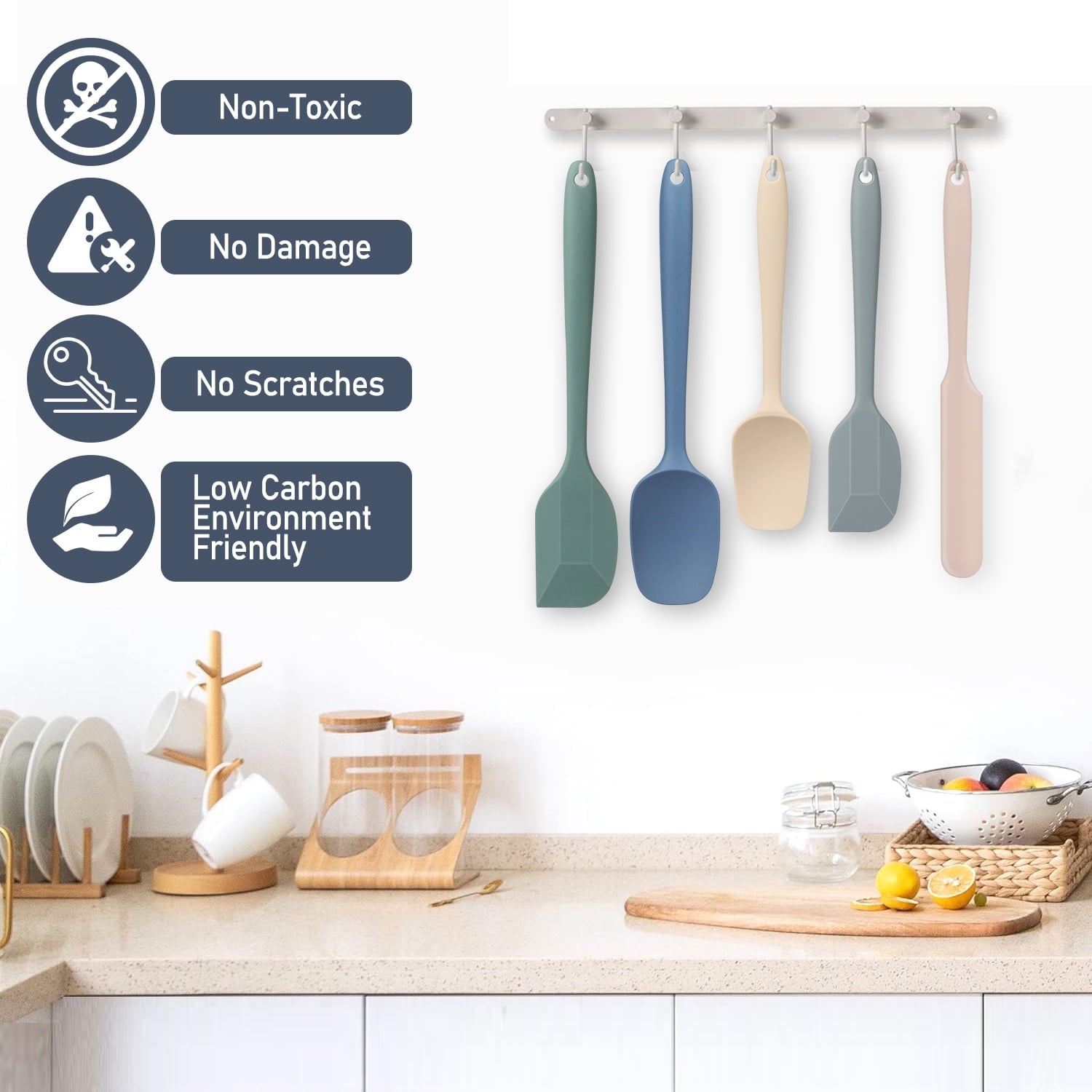 Ergonomic Cooking Food Grade Silicone Rubber Spatula Set, 5 Pcs Kithen Cooking Mixing Utensil Set, BPA-Free High Heat Resistant... - Ergonomic Kitchen Tongs and Cooking Spoon Utensil Detail