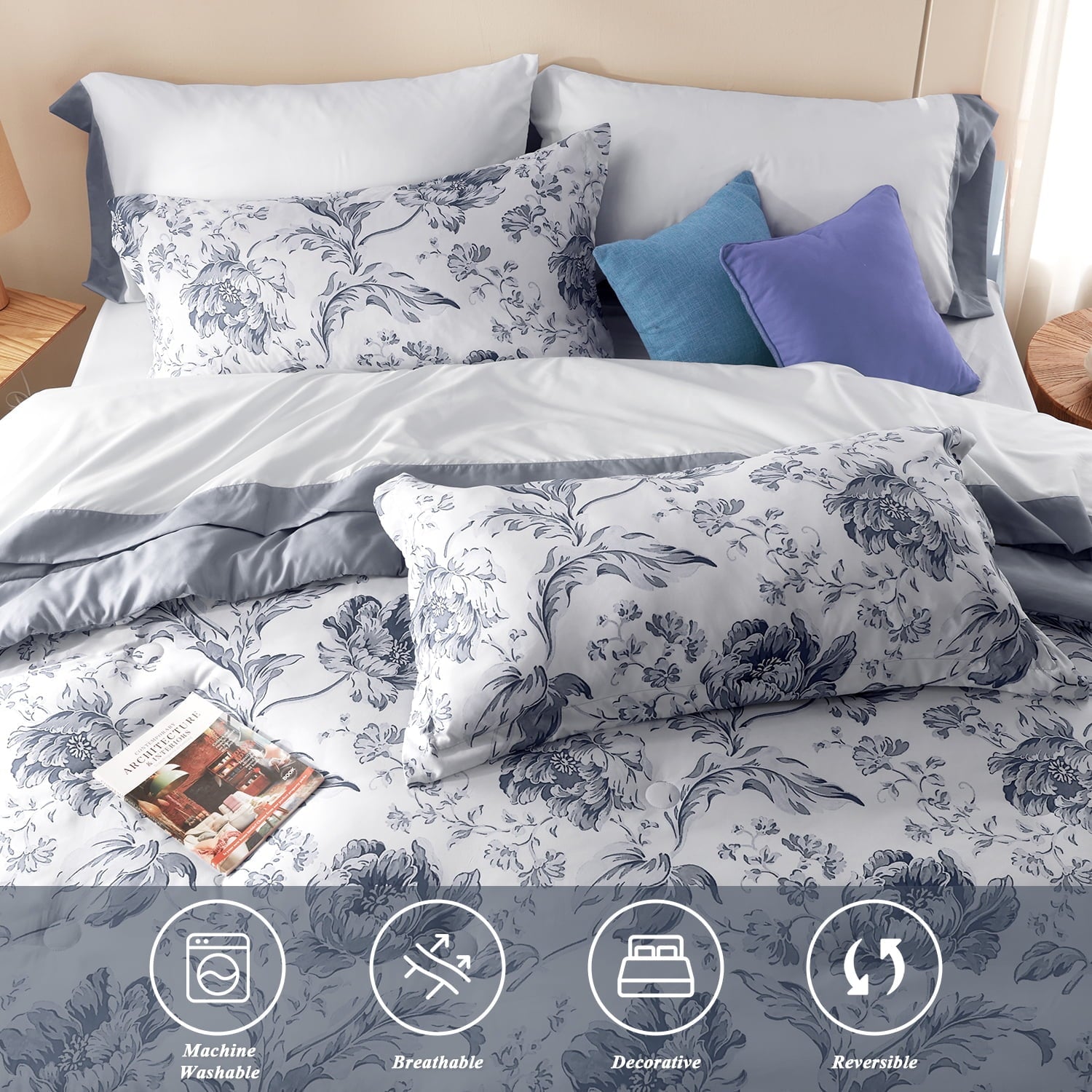 Heavyweight Warmth Queen Comforter Sets,7-Pieces Reversible Bedding Sets,Bed in a Bag with Comforter,Flat Sheet and Fitted Sheet,Pillowc... - All-Season Down Alternative Comforter Insert Detail
