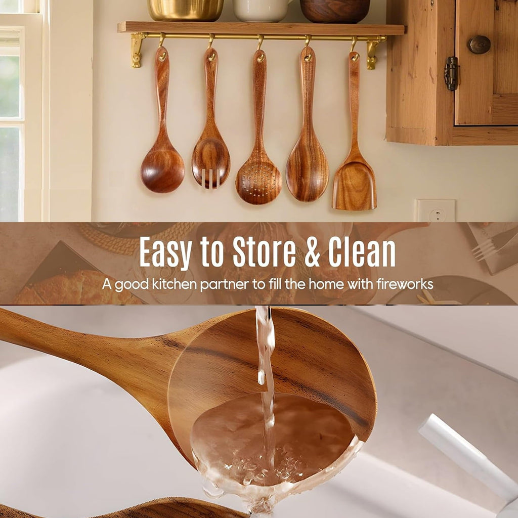 Premium Silicone Wooden Spoons for Cooking, 8 Pcs Natural Teak Wooden Utensils Set, Non-Stick & Heat Resistant Durable Wood ... - Premium Stainless Steel Cooking Utensil for Non-Stick Pots Detail