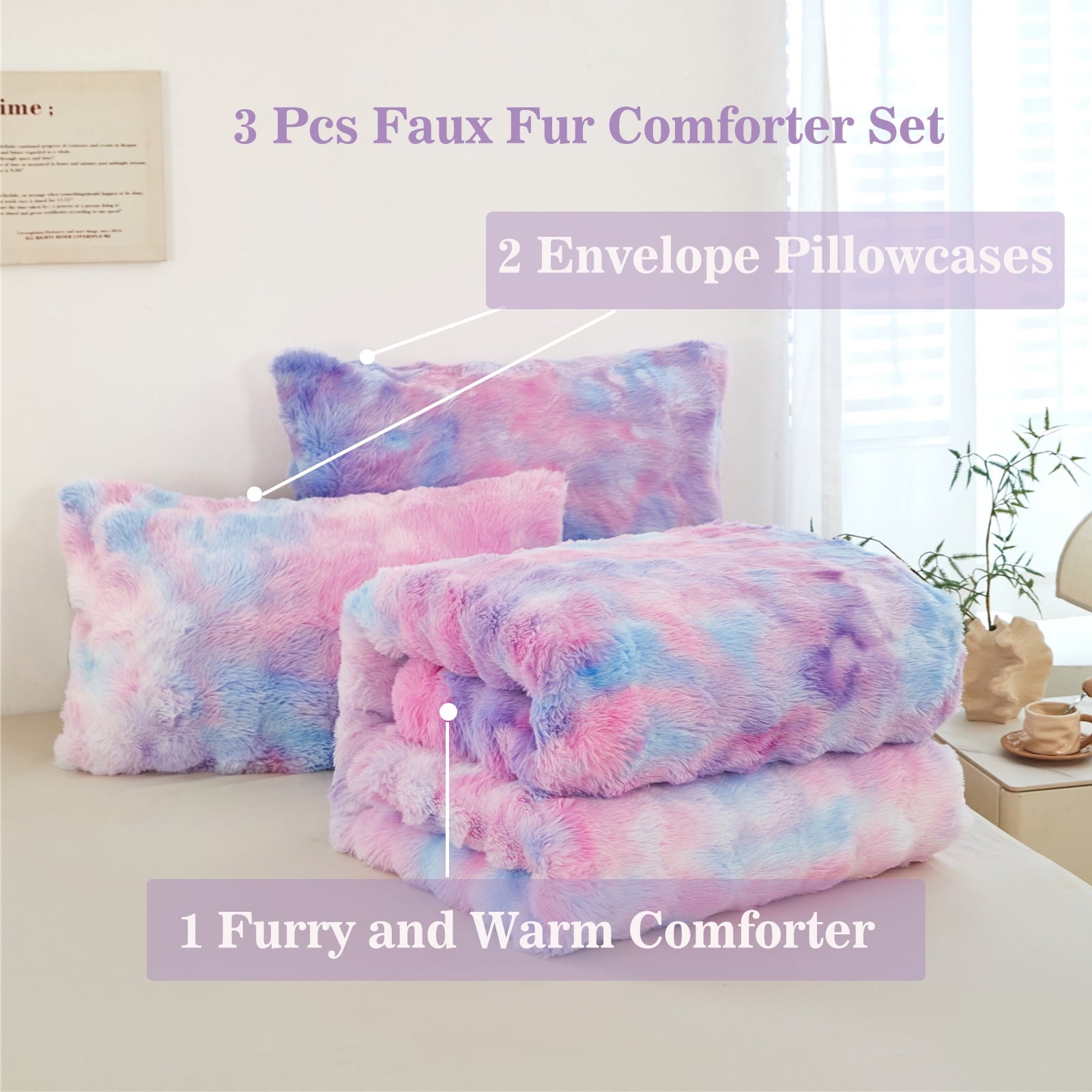 All-Season Faux Rabbit Fur Comforter Set Twin 3Pcs Girls Blue Purple Bedding Set Tie-Dyeing Soft Bed Comforter Set Warm Fuzzy Ki... - Luxurious Quilted Duvet Cover Set Detail
