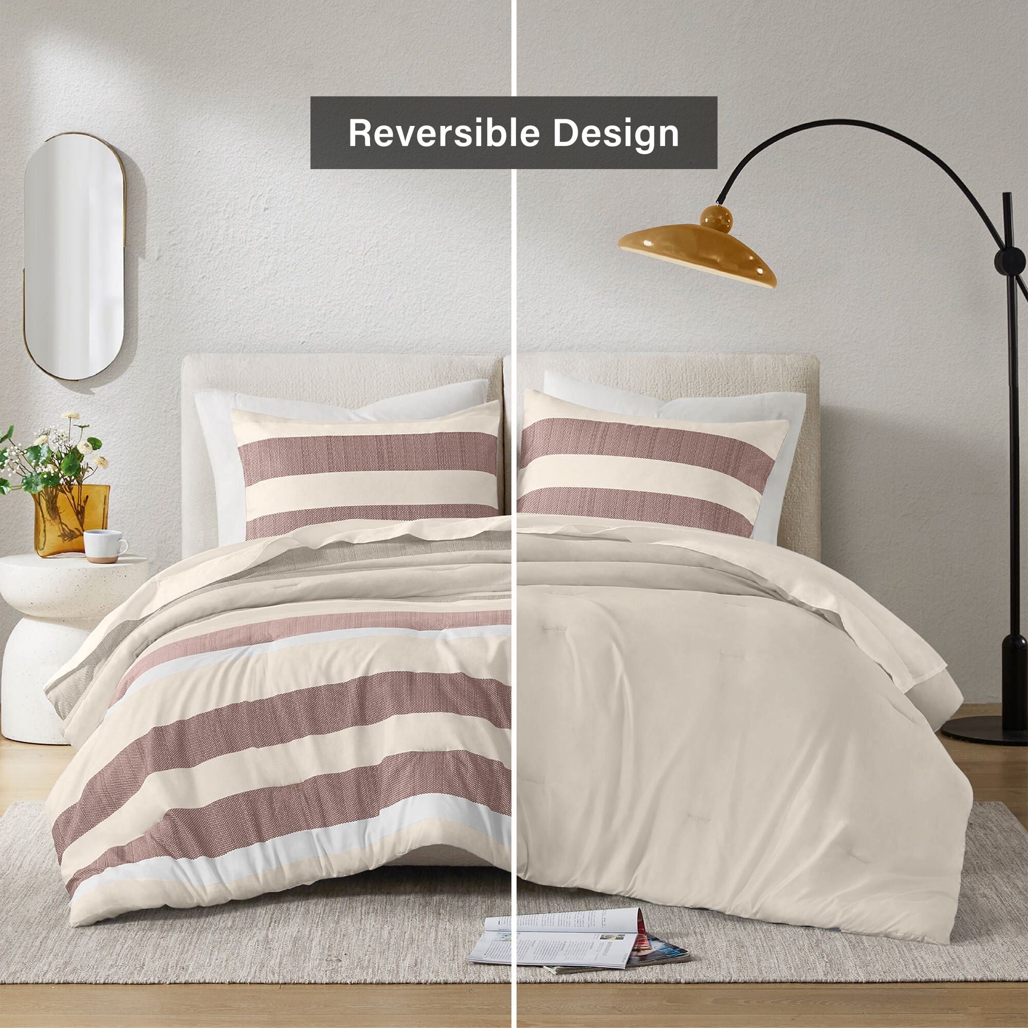 Fluffy Down Alternative 2-Piece Comforter Sets, Reversible Striped Comforter Set for Dorm, Lightweight All Season Bedding Set with Pillow Sha... - Luxurious Quilted Duvet Cover Set Detail