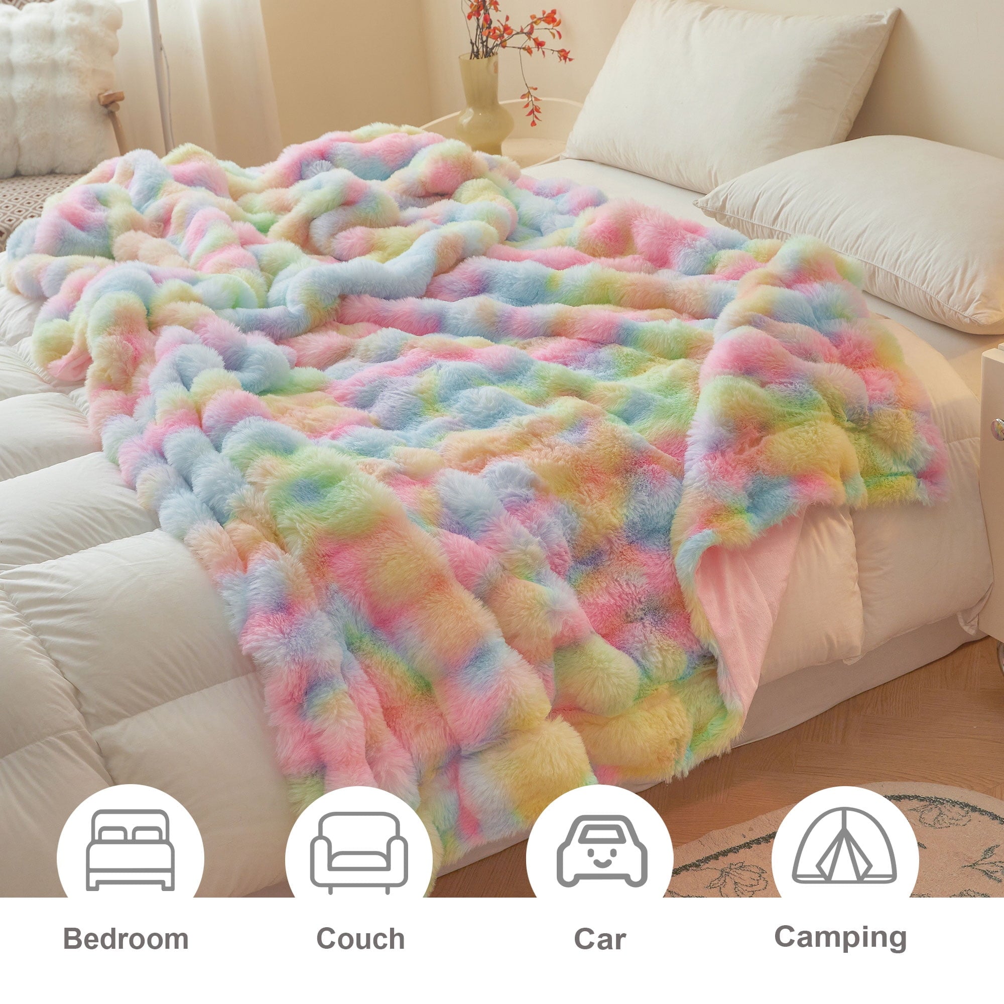 Cozy Fleece Fluffy Faux Rabbit Fur Bubble Throw, Rainbow Plush Shaggy Blanket for Couch Sofa Chair, Soft Tie Dye Furry Blanket Ad... - Cozy Fleece Throw Blanket for Couch & Bed Detail