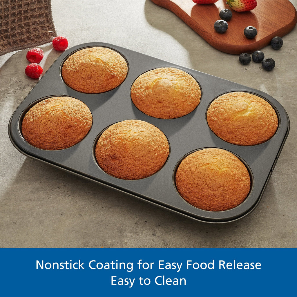 Ergonomic Manual 6 Cup Jumbo Muffin Pan, Non-Stick Bakeware,3.4 inch Diameter Cups,Gray,Carbon Steel - Kitchen Gadget Tool for Quick Food Prep Detail