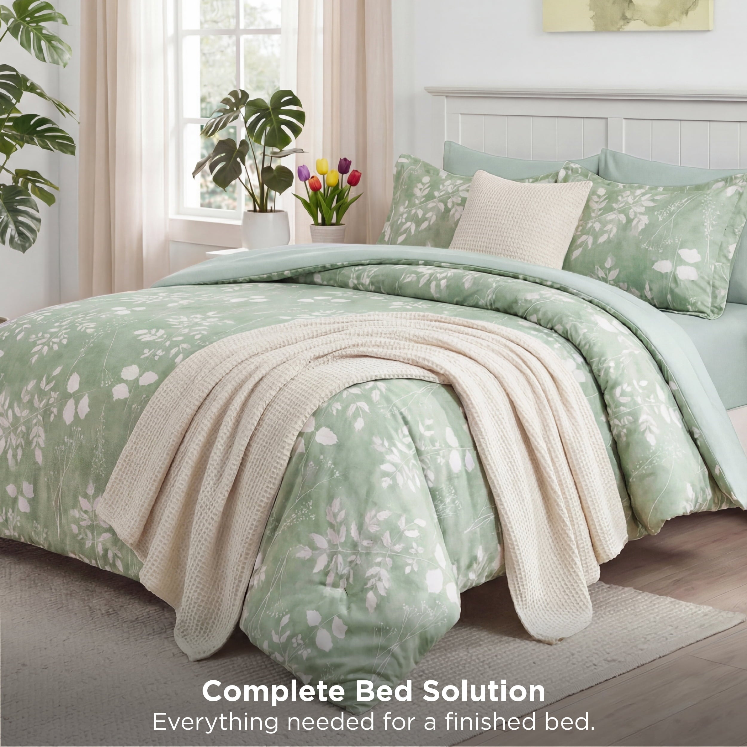 Luxurious Quilted Queen Comforter Set Sage Green, Bed in a Bag Queen Size Bedding, 7-Pieces Botanical Flowers Spring Comforter, Sheets,... - Hypoallergenic Ultra-Fluffy Quilt for Winter Detail