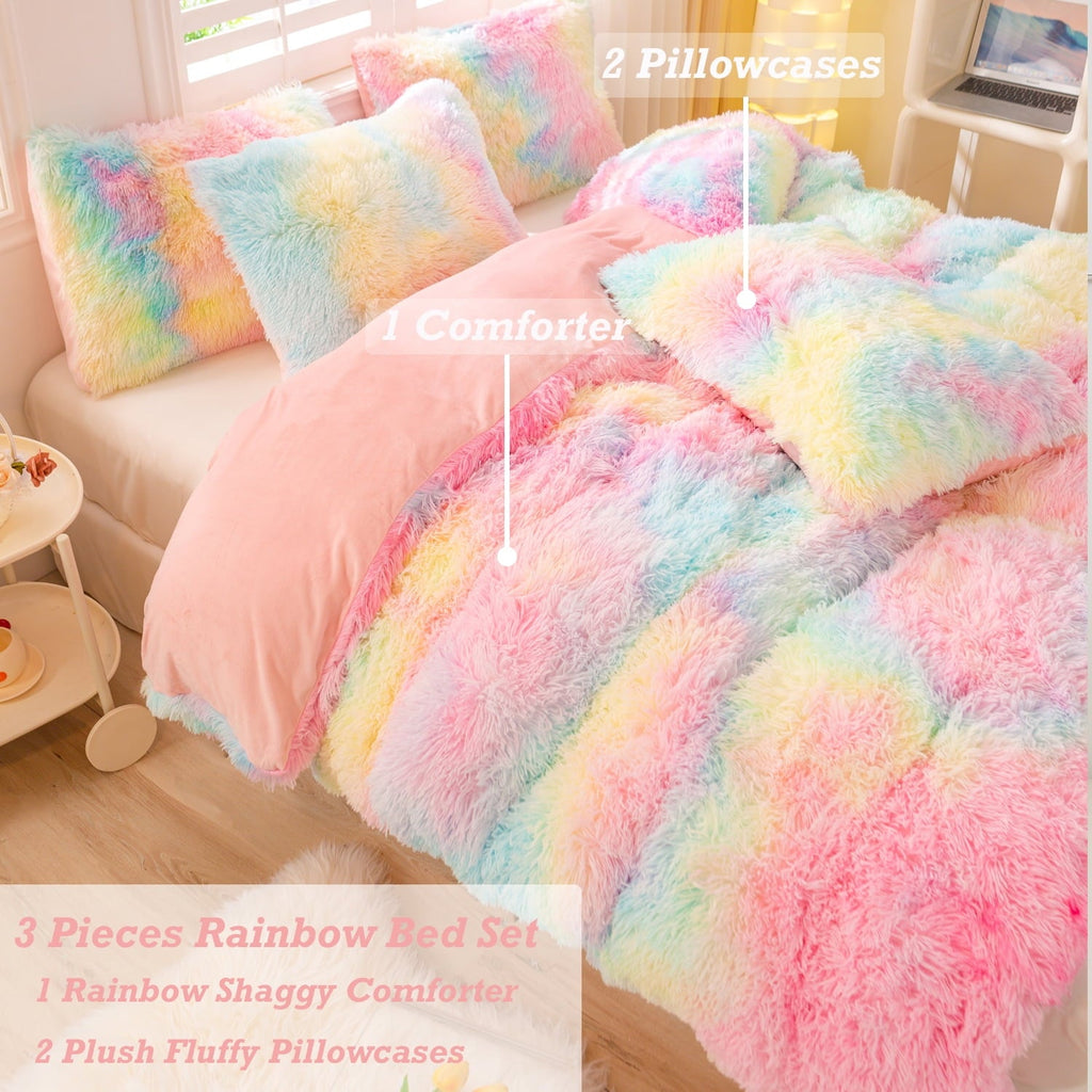 Heavyweight Warmth 3Pcs Pink Faux Fur Twin Comforter Set for Girls Tie Dye Rainbow Kid Bed Set Plush Shaggy Bedding Sets Fuzzy Bed Comfo... - Luxurious Quilted Duvet Cover Set Detail