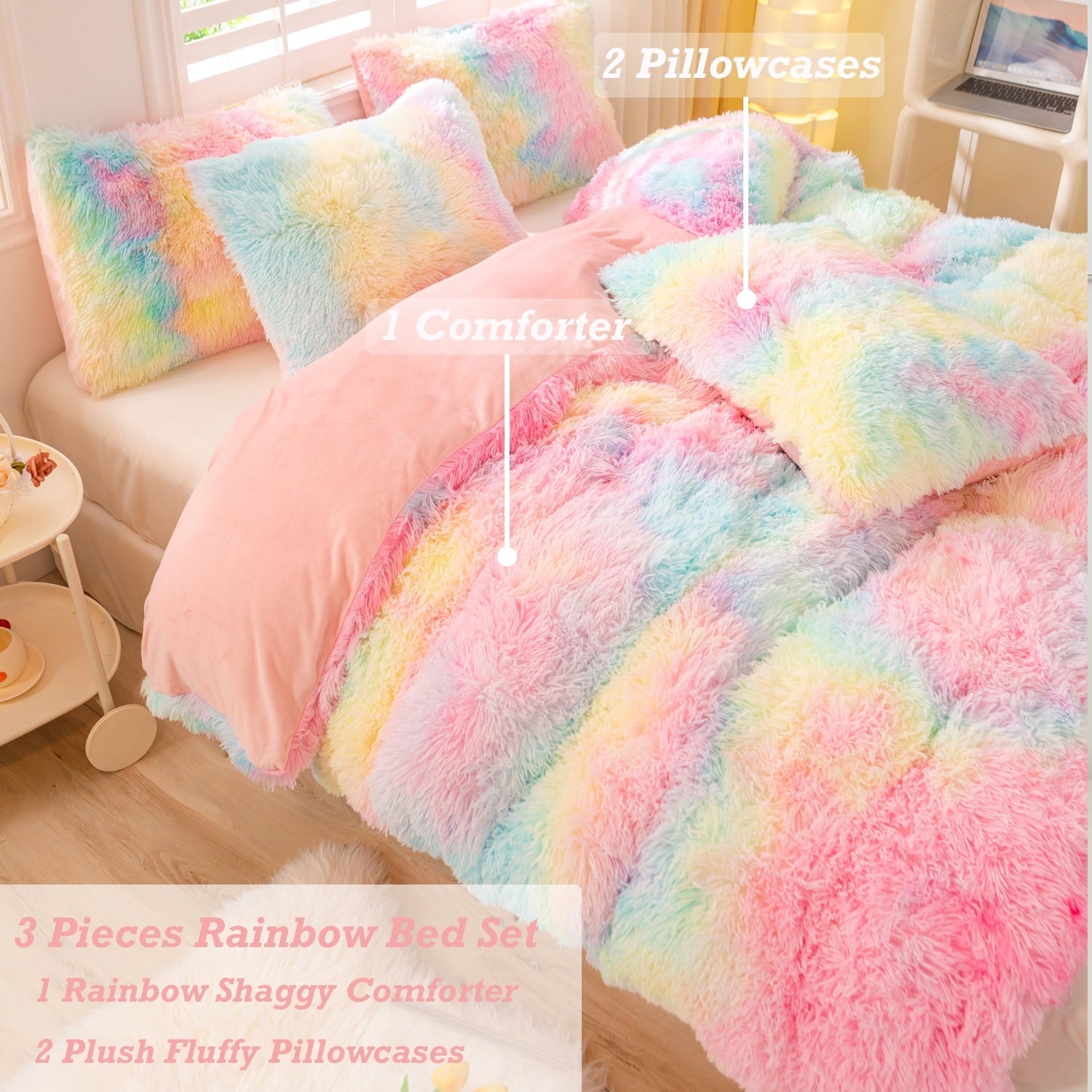Heavyweight Warmth 3Pcs Pink Faux Fur Twin Comforter Set for Girls Tie Dye Rainbow Kid Bed Set Plush Shaggy Bedding Sets Fuzzy Bed Comfo... - Luxurious Quilted Duvet Cover Set Detail