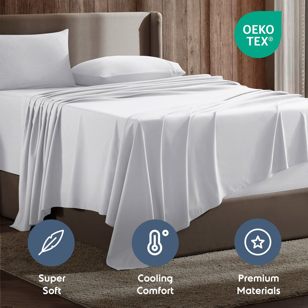 Premium Egyptian Cotton Set, Hotel Style Deep Pocket 4 Piece Bed , Luxury Soft Microfiber Sheet Sets, White - Luxury Bed Sheet Set with Deep Pockets Detail