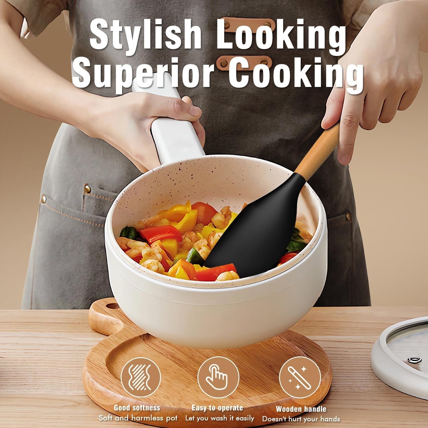 Ergonomic Cooking Silicone Cooking Utensils Set - Silicone Kitchen Utensils for Cooking Wooden Handles, 446°F Heat Resistant Kitchen Ut... - Premium Stainless Steel Cooking Utensil for Non-Stick Pots Detail