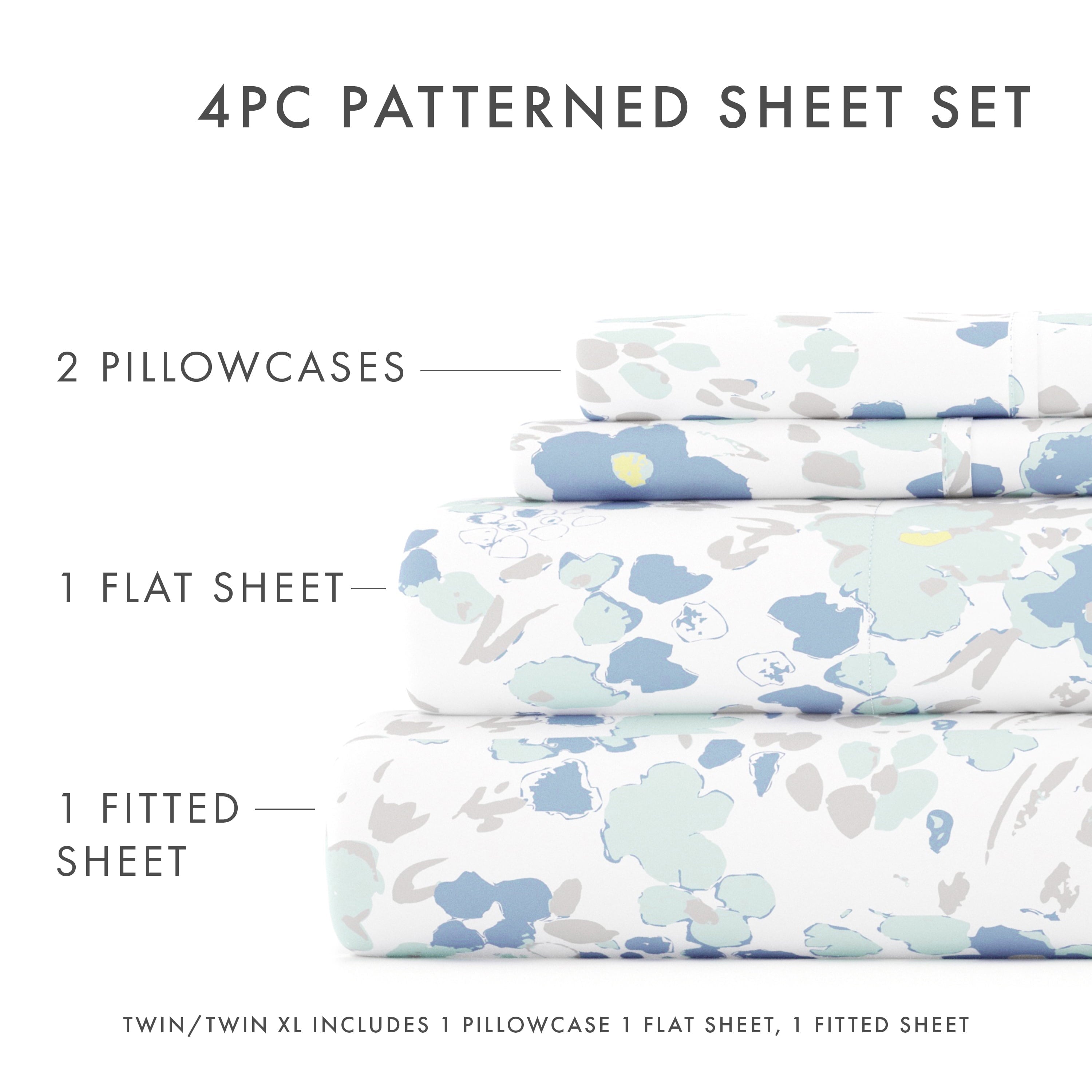 Cooling Sateen 4 Piece Pattern Microfiber Bed Sheets Set, Light Blue Violets, Full - Breathable Egyptian Cotton Flat & Fitted Sheets Detail
