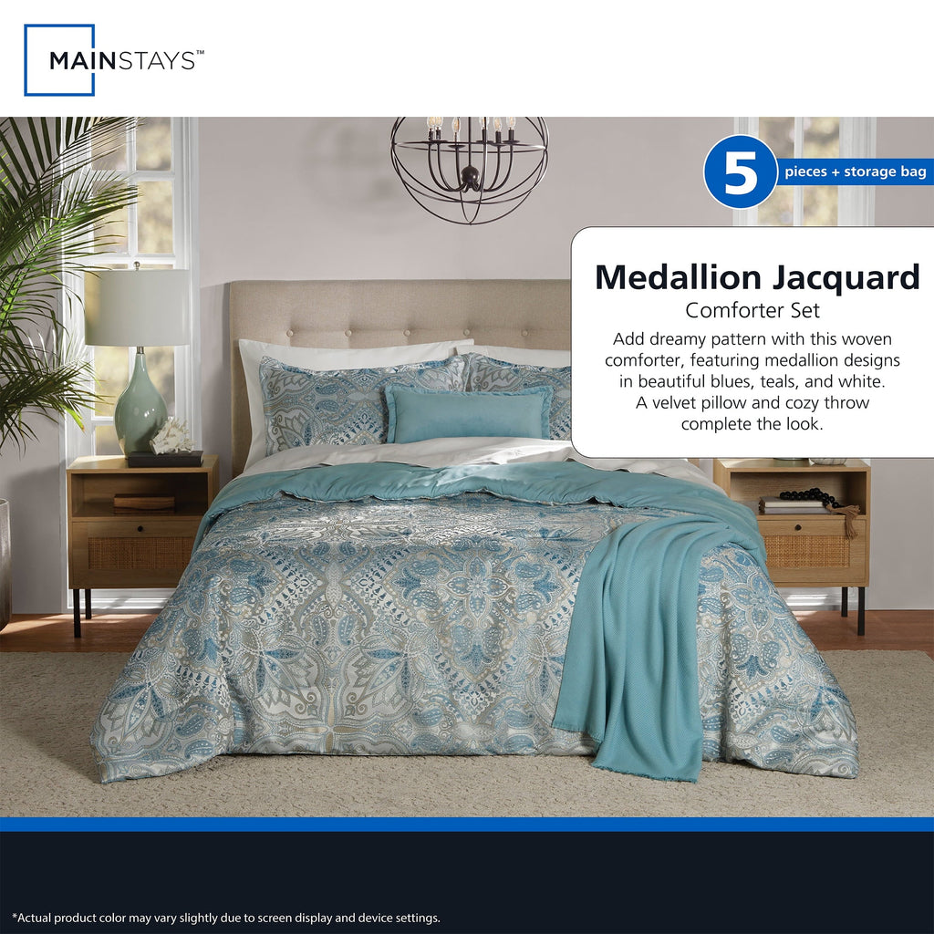 Fluffy Down Alternative Full/Queen Comforter Set, All-Season, 5-Piece, Teal Jacquard Medallion - All-Season Down Alternative Comforter Insert Detail