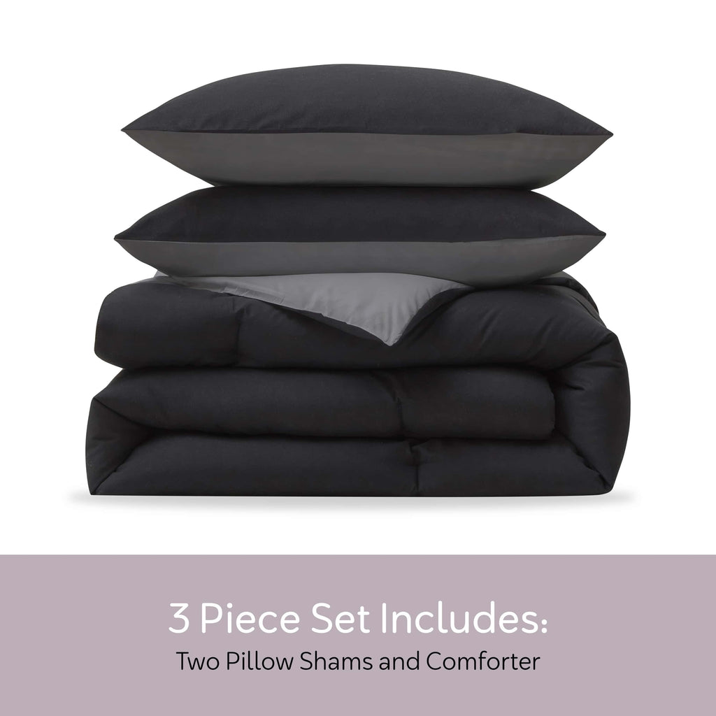 Fluffy Down Alternative Comforter Sets, All Season Lightweight Reversible Queen Comforter Set, 3-Pc Bedding Sets, Black/Charcoal gray - Cloud-Like Soft Lightweight Bed Comforter Detail