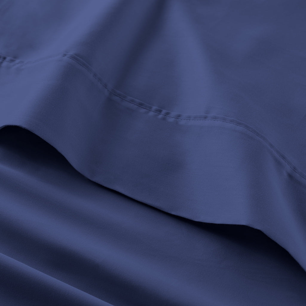 Wrinkle-Resistant 4-Piece 300 Thread Count Blue Cove Cotton Sateen Bed Sheet Set, Queen - Premium Ultra-Soft Pillowcase Pair for Sleeping Detail