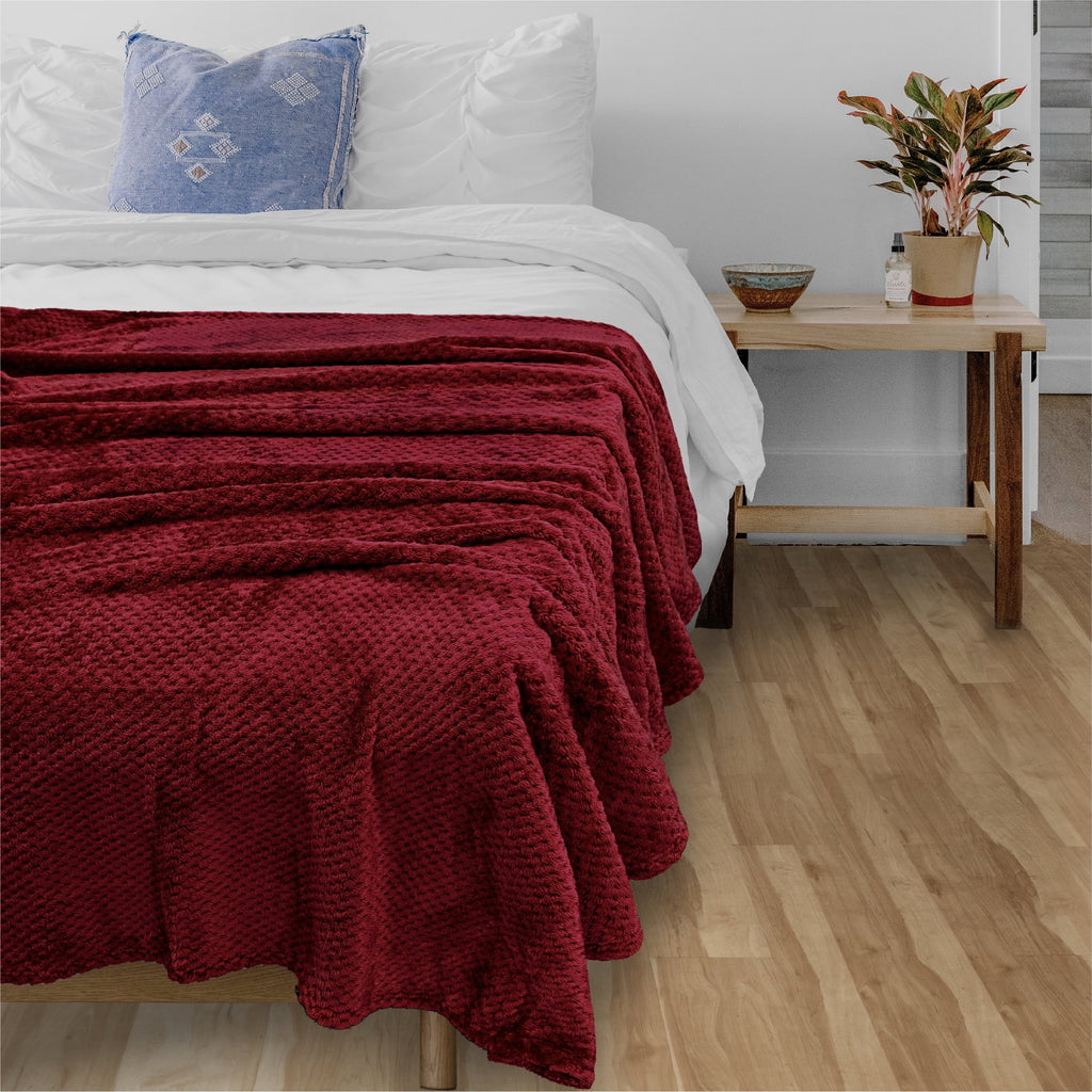 Cozy Fleece Maroon Red Throw Blanket for Couch, Twin Bed, Soft Fleece Throws for Sofa Chair, Fuzzy Waffle Textured Blanket, Cozy ... - Lightweight Plush Warm Blanket for All Seasons Detail