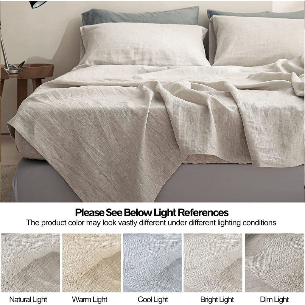Breathable Luxury 100% Linen Sheet Set Solid Color-4 Pcs Washed French Linen Bed Sheets(1 Flat Sheet,1 Fitted Sheet,2 Pillowcases)-Brea... - Luxury Bed Sheet Set with Deep Pockets Detail