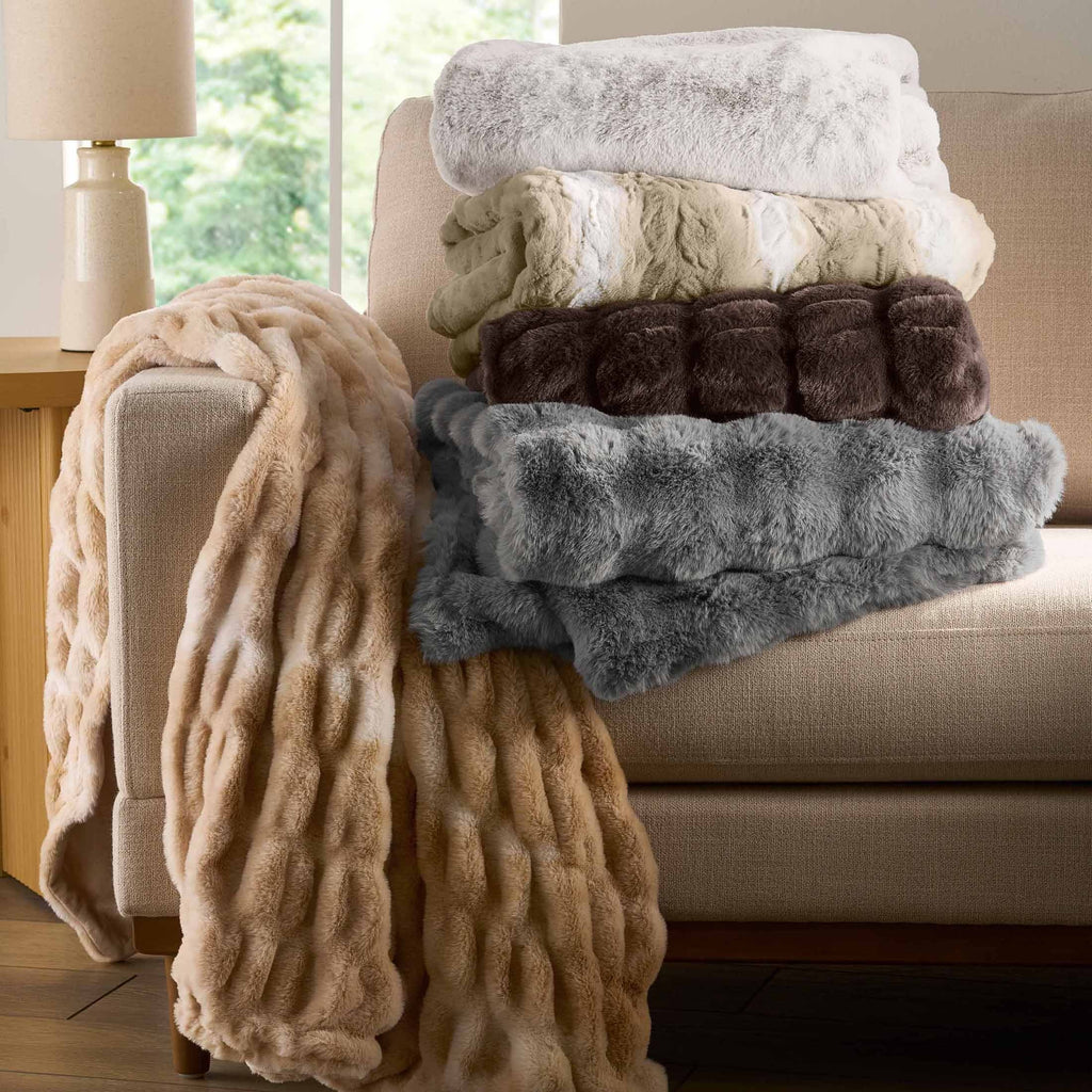 Reversible Sherpa Almond Biscuit Ombre Faux Fur Throw, 50"x72" - Luxury Knitted Decorative Throw Blanket with Fringes Detail