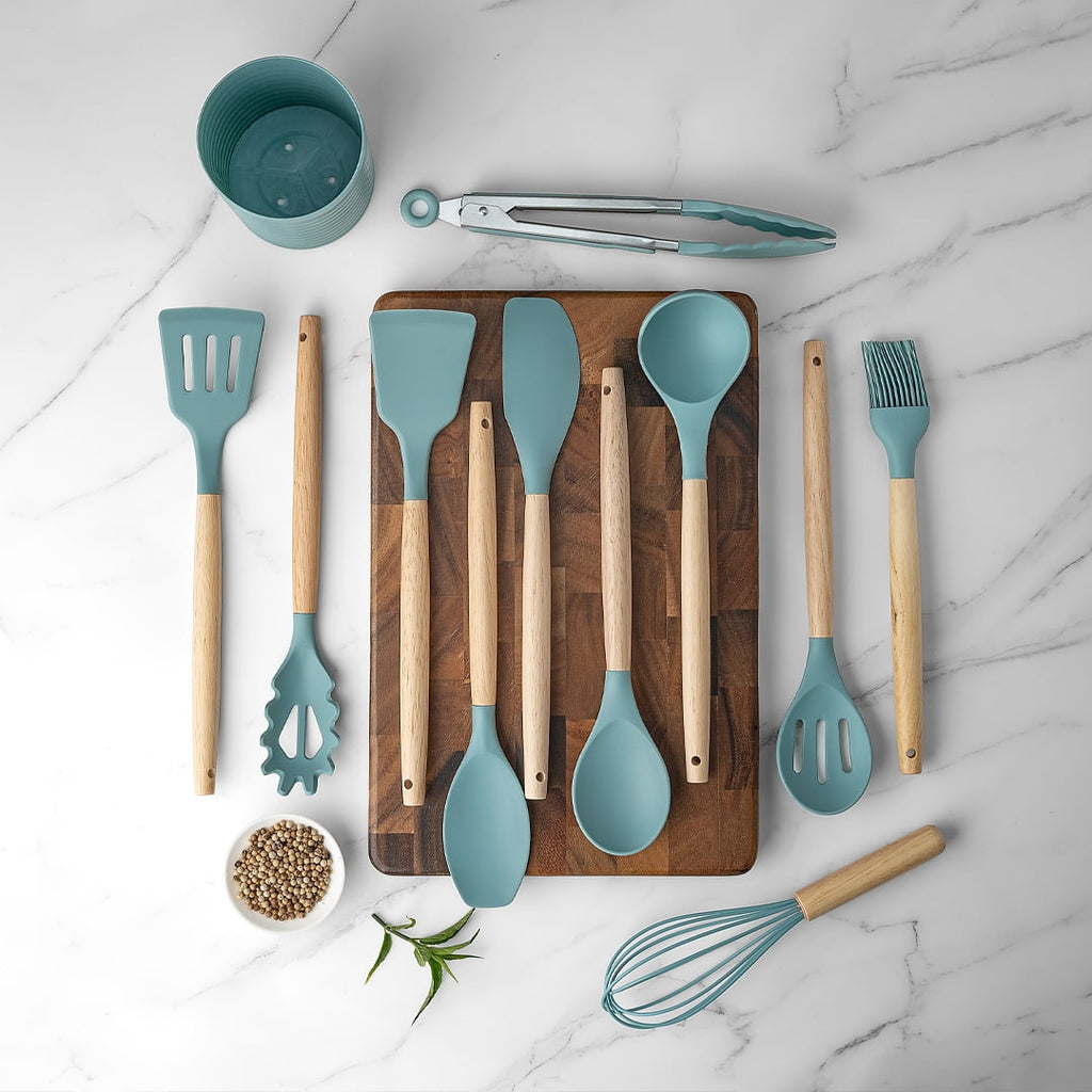 Heat-Resistant Small Silicone Cooking Utensils with Holder Set (12Pack), Aqua Kitchen Tools with Wooden Handle for Nonstick... - Premium Stainless Steel Cooking Utensil for Non-Stick Pots Detail