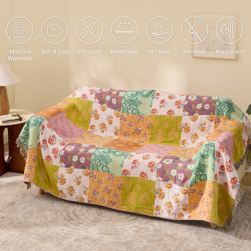 Lightweight Warm 100% Cotton Boho Blankets for Home Decor – Colorful Patchwork Reversible Farmhouse Quilt Bedding, Vintage Woven Decor... - Super Soft Reversible Sherpa Flannel Blanket Detail
