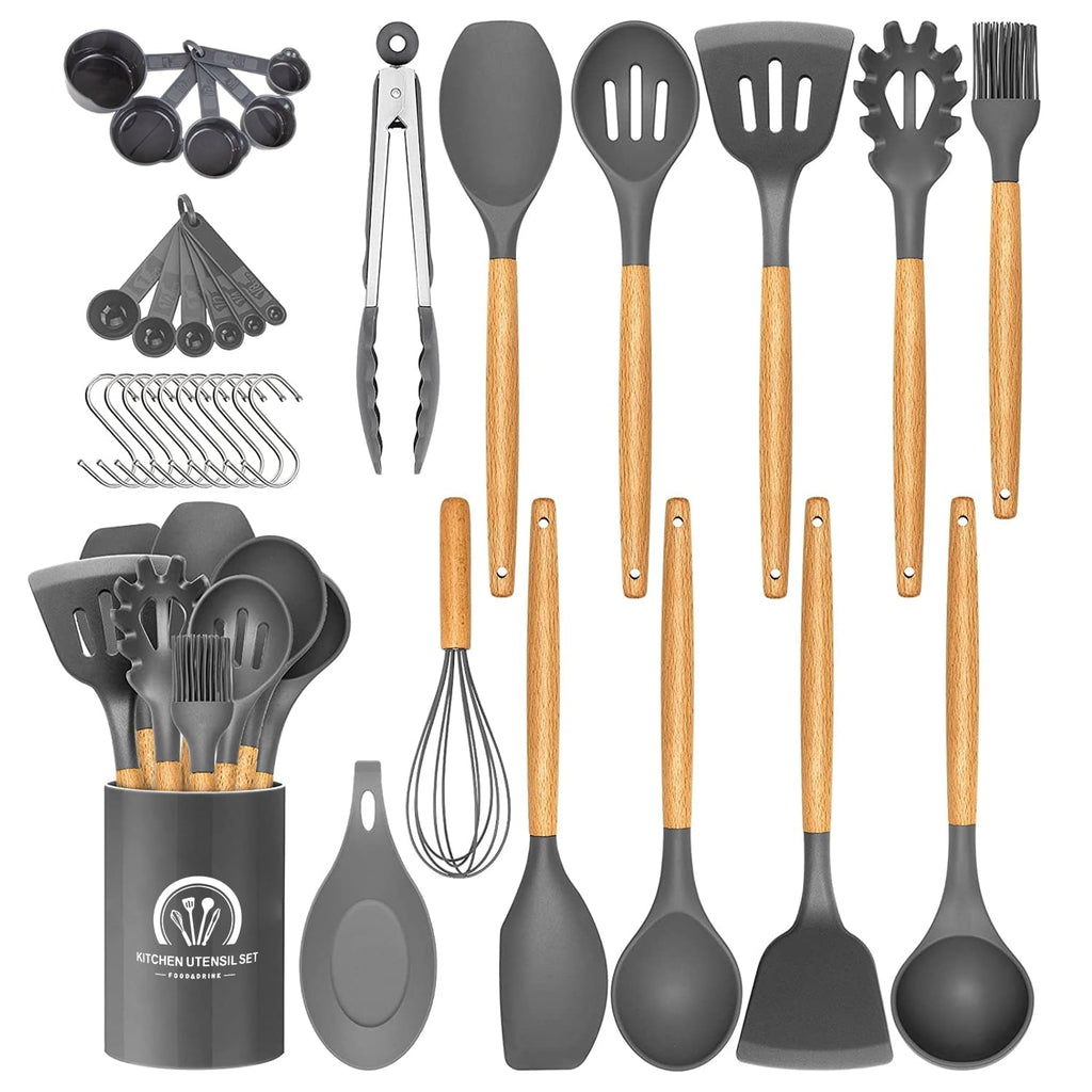 Professional Grade Silicone Cooking Utensils Set, 446°F Heat Resistant Wooden Handle Cooking Kitchen Utensils Spatula Set with Holder fo... - Multi-Purpose Hand Tool for Daily Meal Prep - Default Title