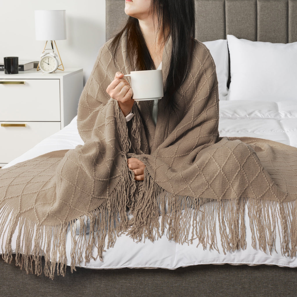 Lightweight Warm Tan Taupe Knit Throw Blanket for Couch Bed, Soft Knitted Farmhouse Sofa Throw for Living Room, Lightweight Decorative... - Lightweight Plush Warm Blanket for All Seasons Detail