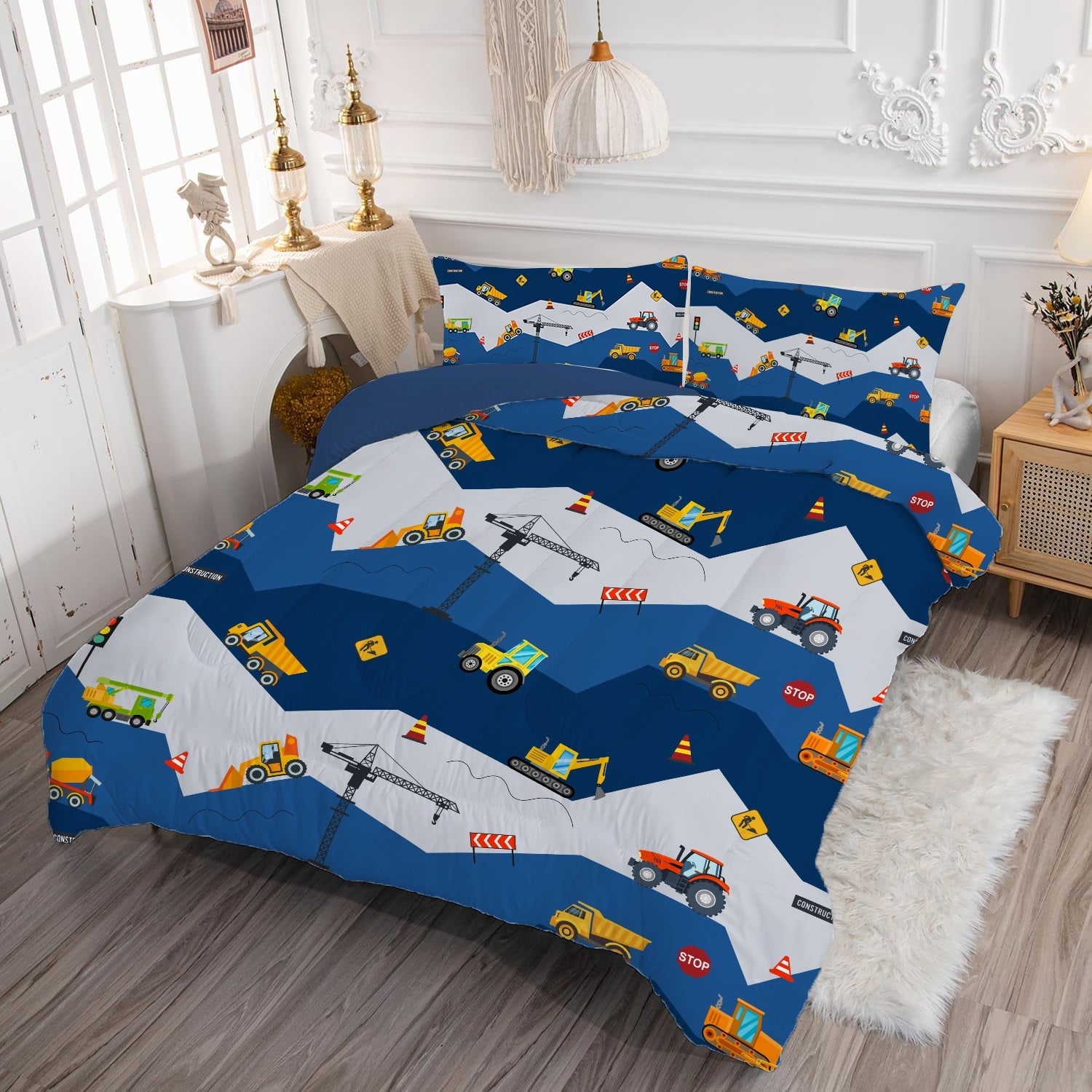 Hypoallergenic Cloud Car Comforter Set Construction Bedding Set for Boys Kids Trucks Comforter Cartoon Car Excavator Tractor Blue 3Pcs Twin - Hypoallergenic Ultra-Fluffy Quilt for Winter Detail