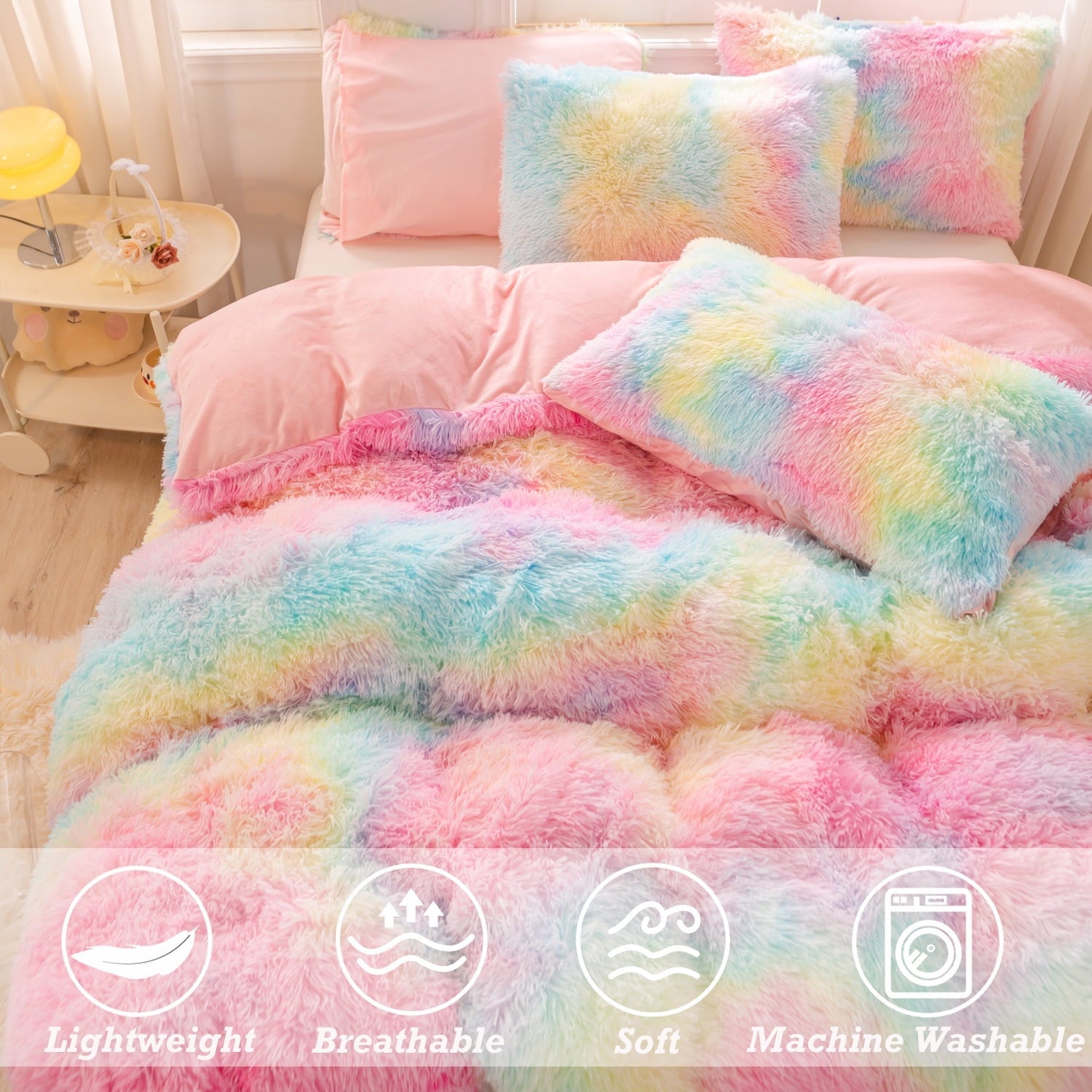 Heavyweight Warmth 3Pcs Pink Faux Fur Twin Comforter Set for Girls Tie Dye Rainbow Kid Bed Set Plush Shaggy Bedding Sets Fuzzy Bed Comfo... - Luxurious Quilted Duvet Cover Set Detail