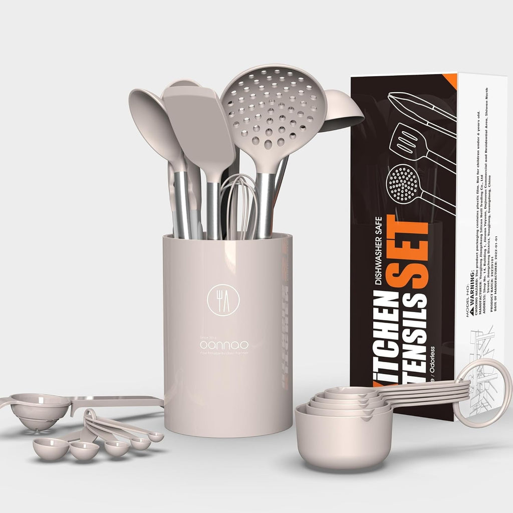 Heat-Resistant Large Silicone Cooking Utensils Set - Heat Resistant Kitchen Utensils,Turner Tongs,Spatula,Spoon,Brush,Whisk,Stainles... - Durable Turner & Ladle Utensil Set for Home Chefs Detail