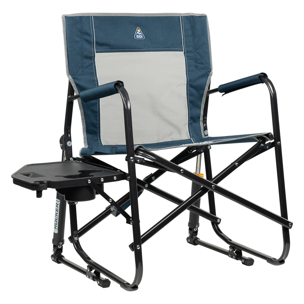 Patented Spring-Action Freestyle Rocker with Side Table - Choice 853 - RoadTrip Rocker Smooth Motion Camp Chair - Heathered Indigo