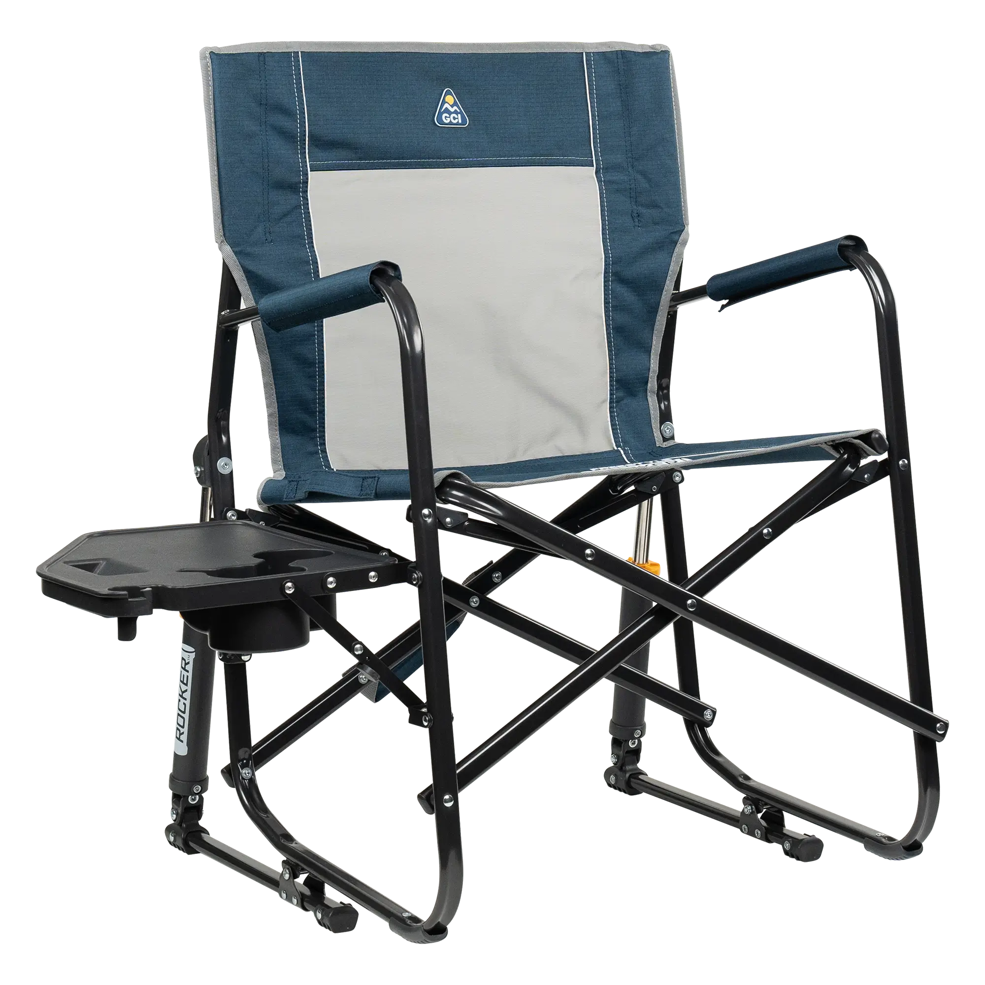 Patented Spring-Action Freestyle Rocker with Side Table - Choice 853 - RoadTrip Rocker Smooth Motion Camp Chair - Heathered Indigo