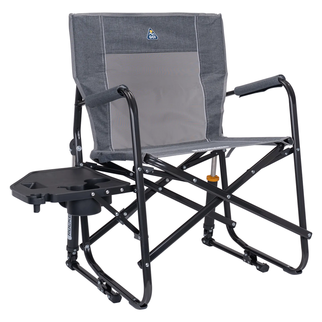 Patented Spring-Action Freestyle Rocker with Side Table - Choice 853 - RoadTrip Rocker Smooth Motion Camp Chair - Heathered Pewter