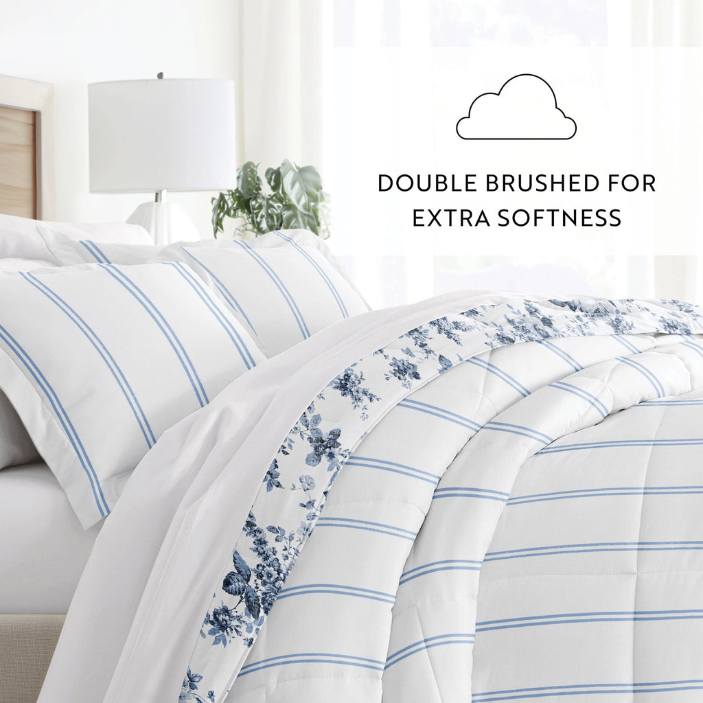 Fluffy Down Alternative Down Alternative Cabbage Rose Stripe Stone Reversible Comforter Set - All-Season Down Alternative Comforter Insert Detail