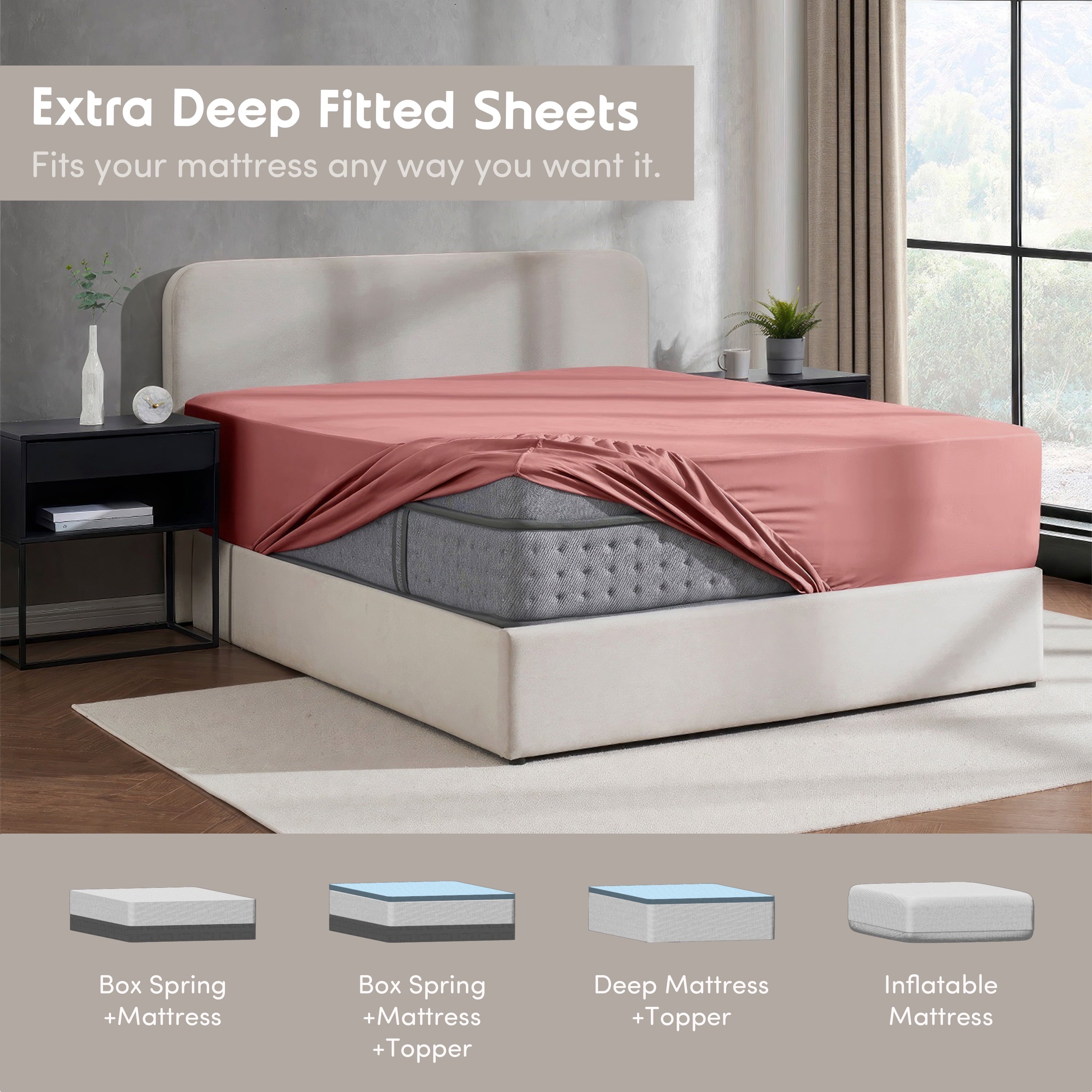 Breathable Luxury Extra Deep Pocket Twin XL Fitted Sheet Only, Fits 18" to 24" Mattress, Soft Microfiber Fitted Bed Sheet, Pink Clay - Breathable Egyptian Cotton Flat & Fitted Sheets Detail