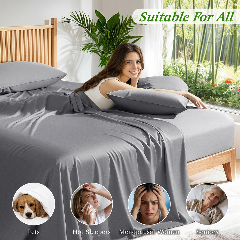 Cooling Sateen Bamboo Queen Sheet Set, Luxury Soft 4 Pieces Bed Sheets with 18" Deep Pocket, Gray - Cooling Hotel Quality Bedding Sheets and Pillowcases Detail
