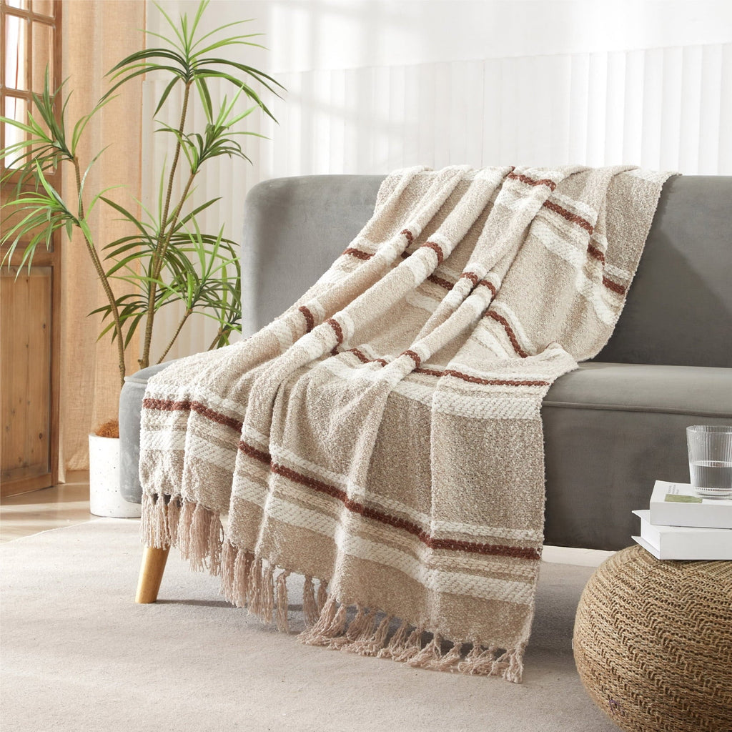 Lightweight Warm 60" x 50" Cozy Striped Porcini Chenille Throw - Cozy Fleece Throw Blanket for Couch & Bed Detail