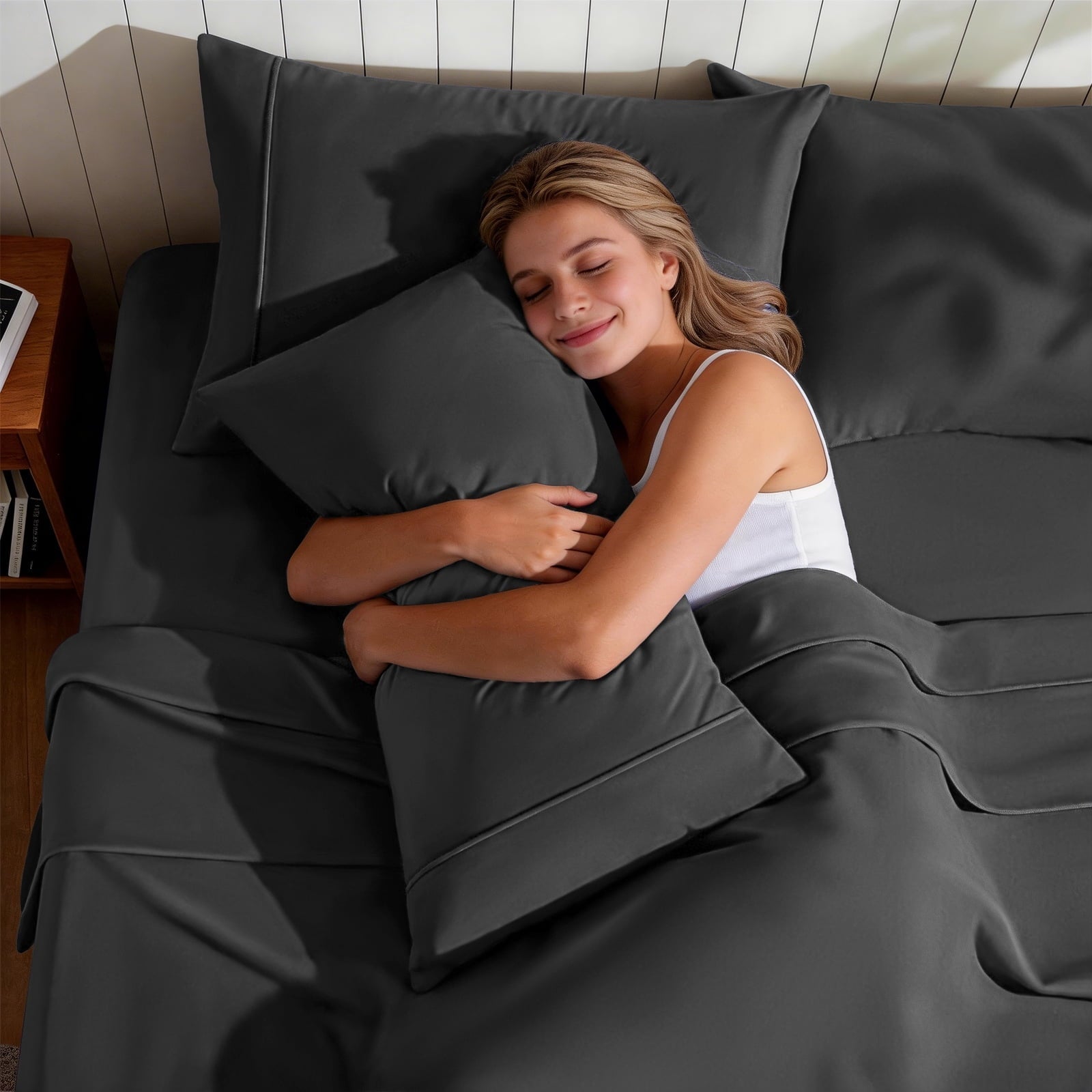Ultra-Soft Sheets,Soft Hotel Luxury Polyester Washed Cotton,4 Piece Sheets Set,with 14" Deep Pocket,Dark Gray - Breathable Egyptian Cotton Flat & Fitted Sheets Detail