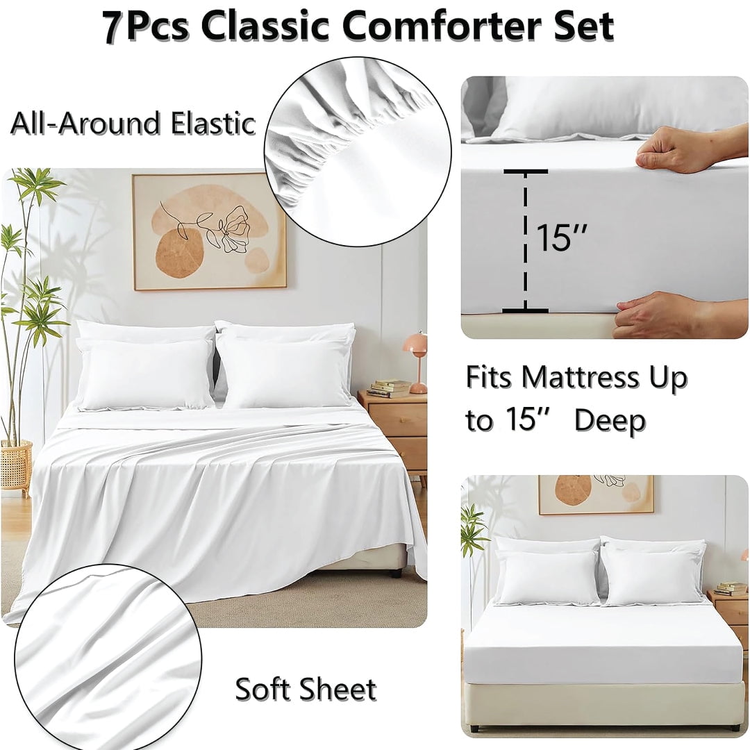 Heavyweight Warmth Comforter Set 7-Piece Bed in a Bag - Adult, White, Queen - Hypoallergenic Ultra-Fluffy Quilt for Winter Detail