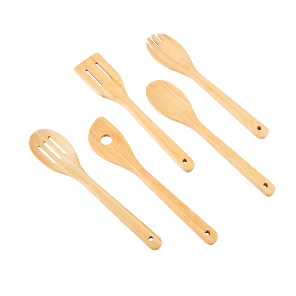 Seamless One-Piece 5pk Bamboo Spoons for Cooking, Kitchen Essential Tools Set - Ergonomic Kitchen Tongs and Cooking Spoon Utensil Detail