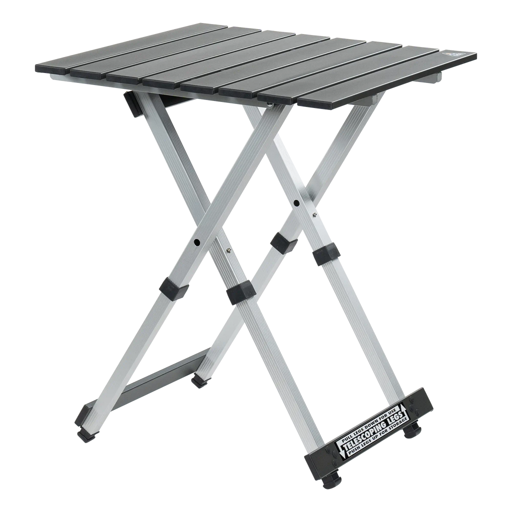Portable Staging Compact Camp Table 20 - Choice 513 - Slim-Fold Outdoor Cook Station with Storage Shelves - Black Chrome