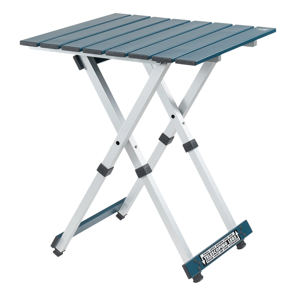 Portable Staging Compact Camp Table 20 - Choice 513 - Slim-Fold Outdoor Cook Station with Storage Shelves - Teal