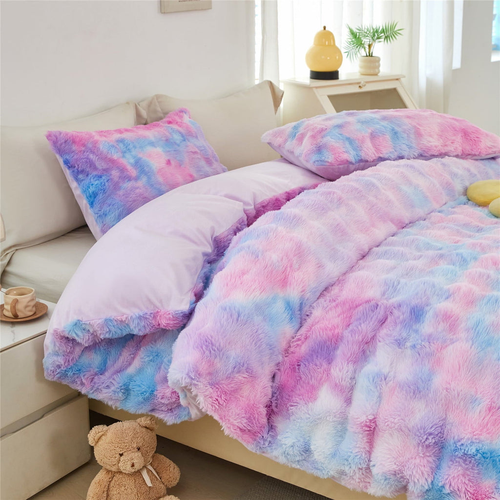 All-Season Faux Rabbit Fur Comforter Set Twin 3Pcs Girls Blue Purple Bedding Set Tie-Dyeing Soft Bed Comforter Set Warm Fuzzy Ki... - Luxurious Quilted Duvet Cover Set Detail