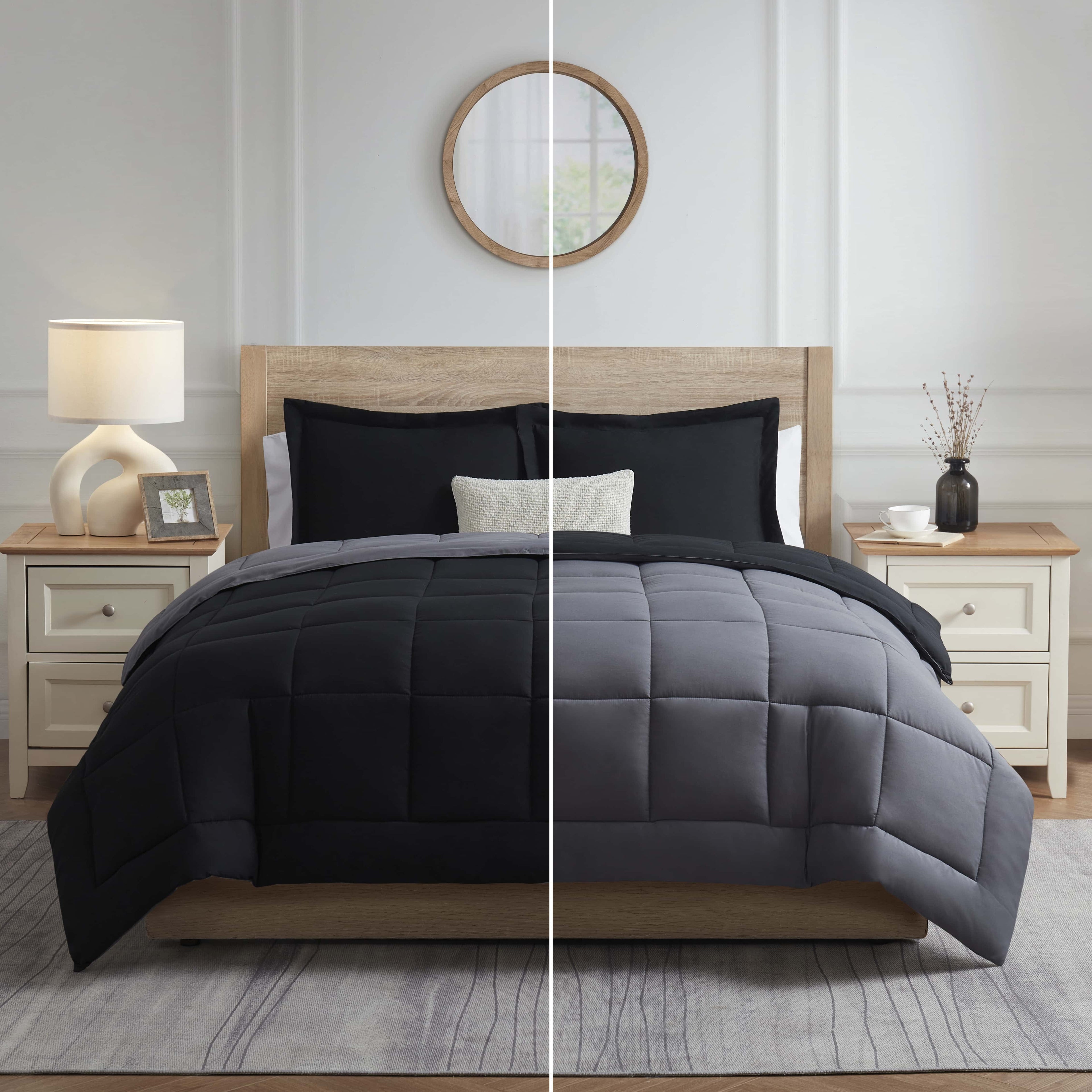 Fluffy Down Alternative Queen Comforter Set, 3 Piece Bed in a Bag, Reversible Down Alternative Bedding Set, Black & Gray - Luxurious Quilted Duvet Cover Set Detail