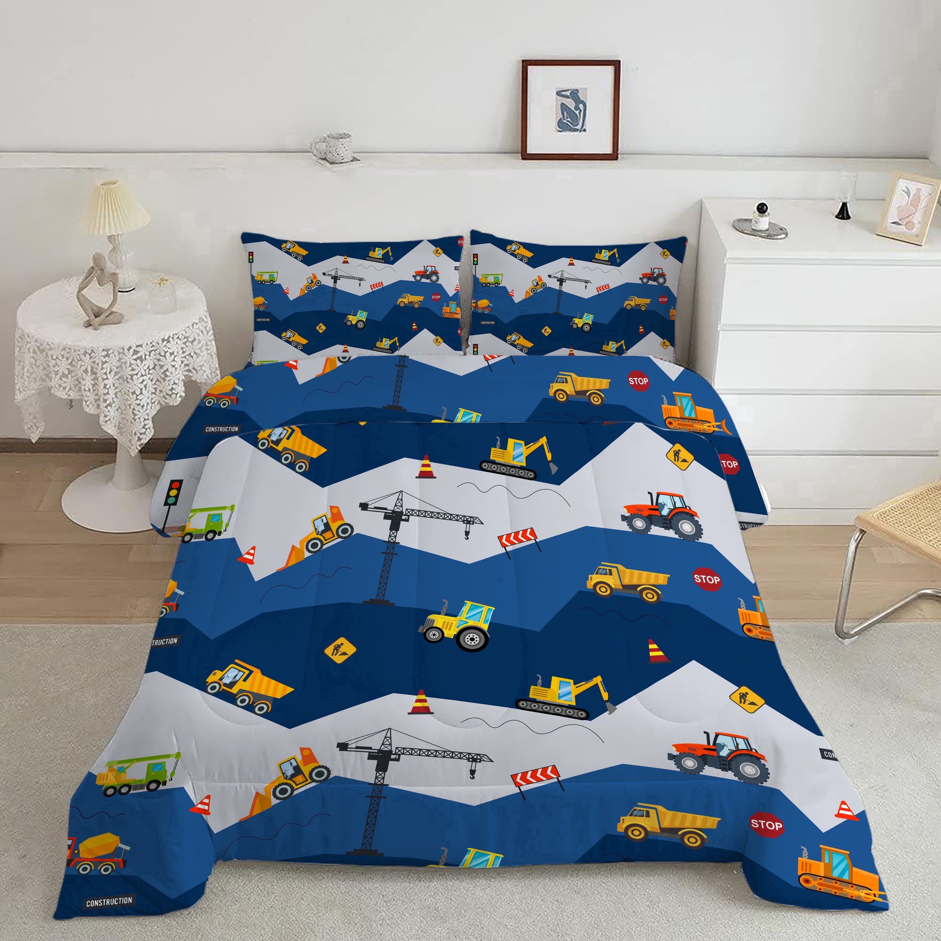 Hypoallergenic Cloud Car Comforter Set Construction Bedding Set for Boys Kids Trucks Comforter Cartoon Car Excavator Tractor Blue 3Pcs Twin - Hypoallergenic Ultra-Fluffy Quilt for Winter Detail