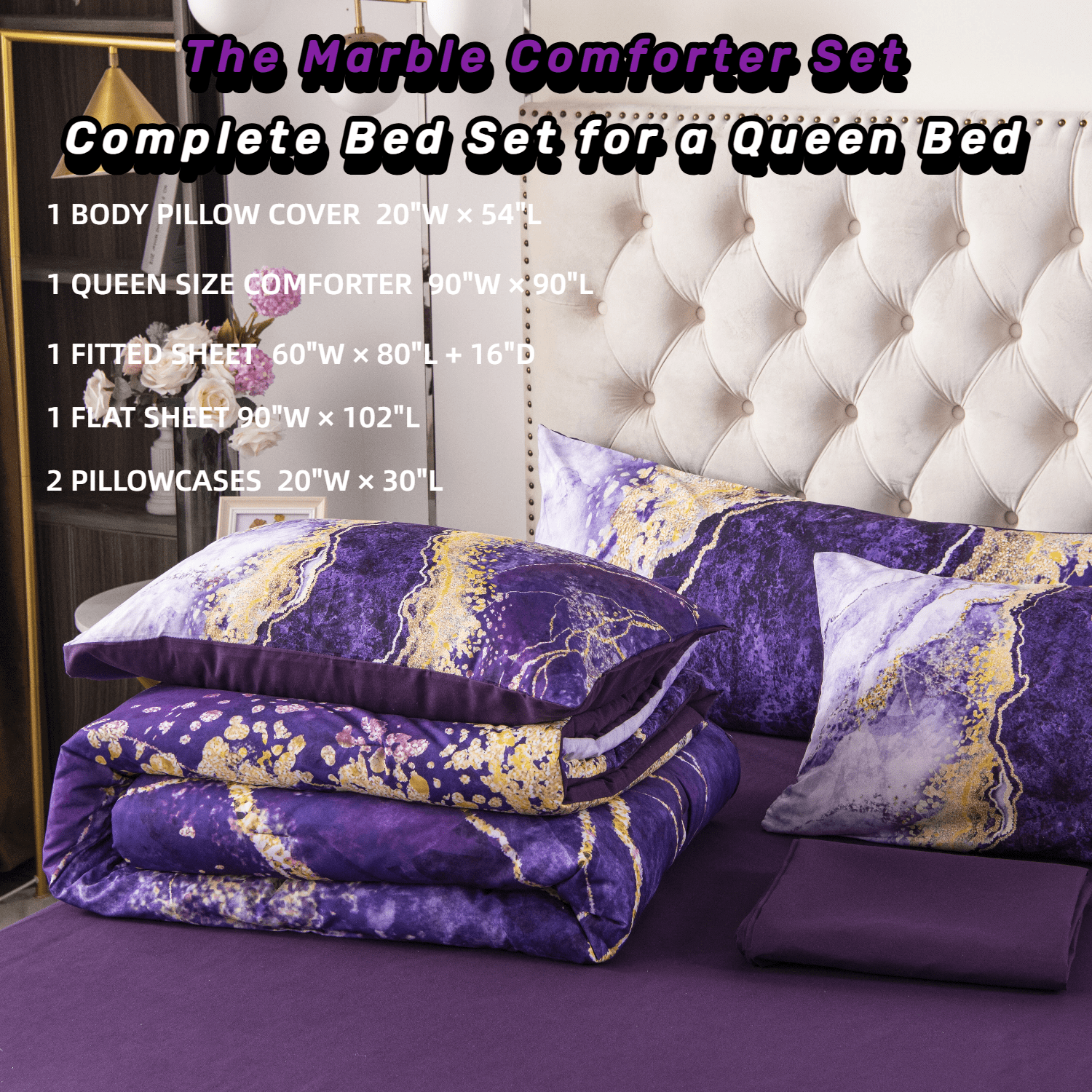 Hypoallergenic Cloud 6 Pieces Queen Size Comforter Set Purple,Watercolor Marble Colorful Purple Bedding,Ultra Soft Purple Bed Set with Com... - Hypoallergenic Ultra-Fluffy Quilt for Winter Detail